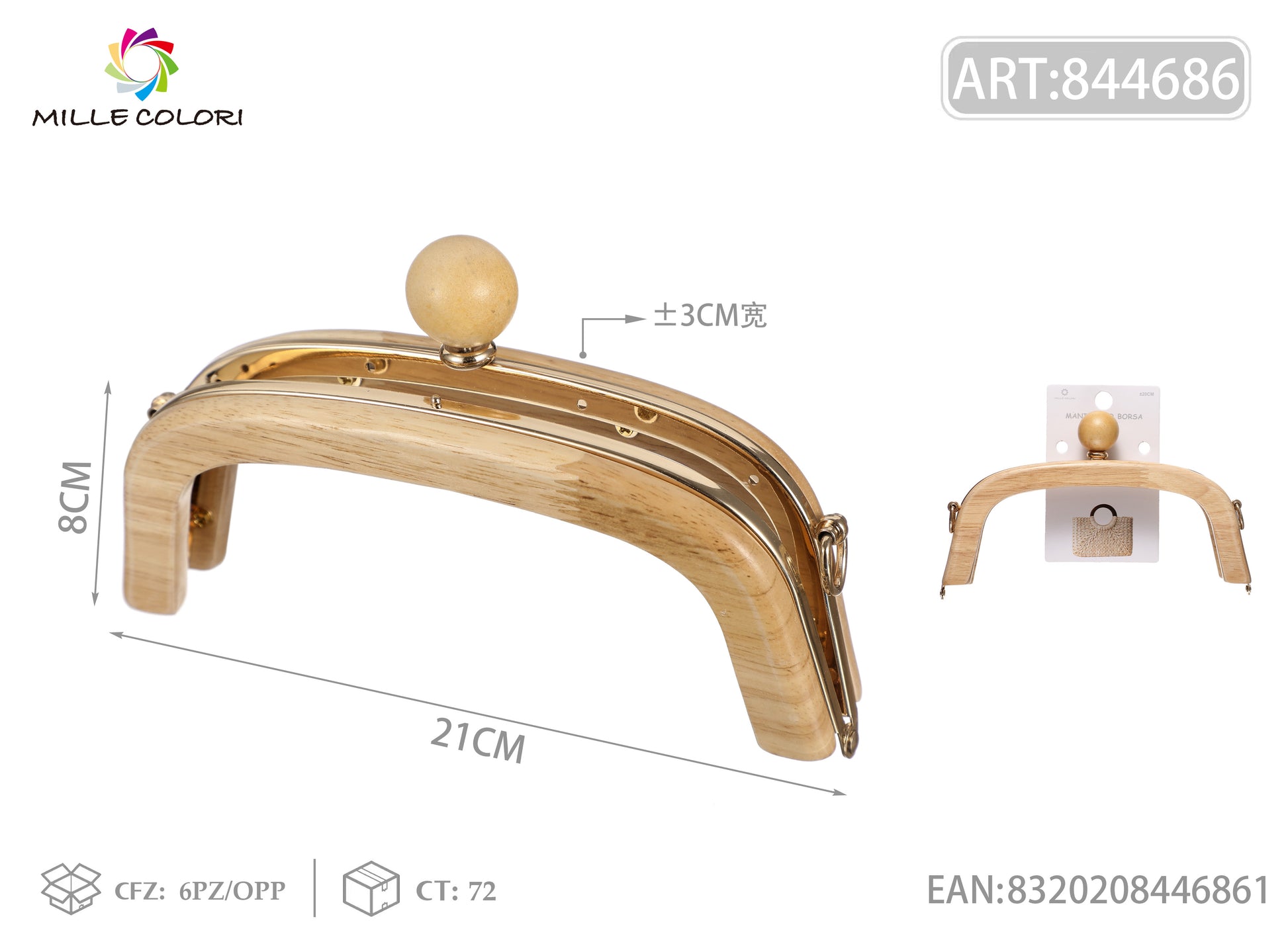Chiusura clic clac per borsa in legno curva 21x8 cm con pomello in legno Mille Colori per clutch, pochette e handmade