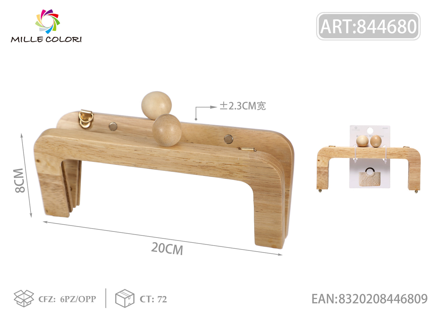 Chiusura clic clac per borsa in legno rettangolare 20x8 cm con pomelli in legno naturale Mille Colori per clutch e handmade