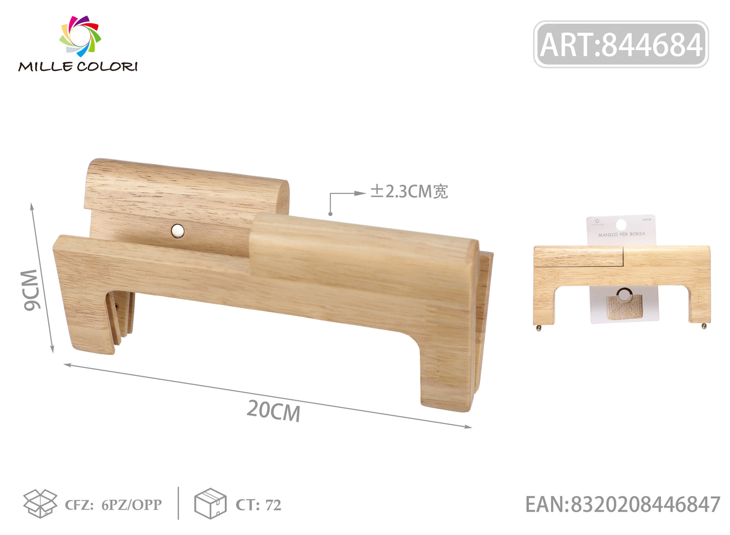 Chiusura clic clac per borsa in legno rettangolare 20x9 cm Mille Colori per clutch, pochette e handmade