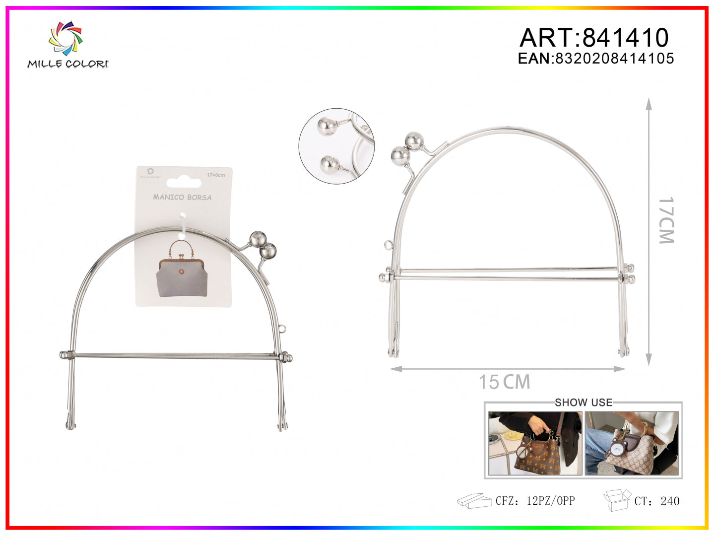 Chiusura clic clac per borsa in metallo semicircolare 15x17 cm argento Mille Colori per clutch, pochette e handmade