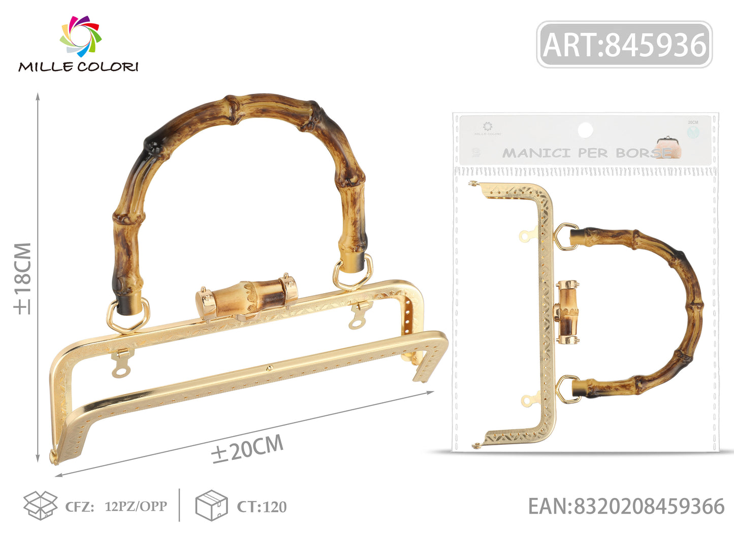 Chiusura clic clac per borsa oro 20x18 cm con manico effetto bambù Mille Colori per clutch, pochette e handmade