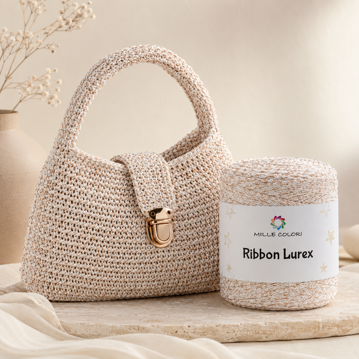 Cordino piatto Ribbon lurex Bianco rame 250g filo borsa