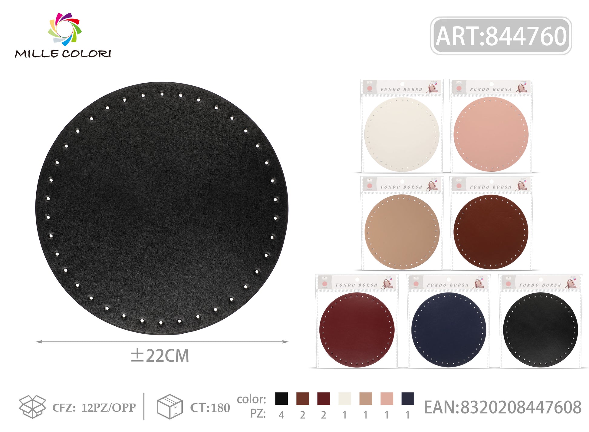 Fondi rotondi 22cm in ecopelle Mille Colori, disponibili in 7 varianti colore per borse artigianali.