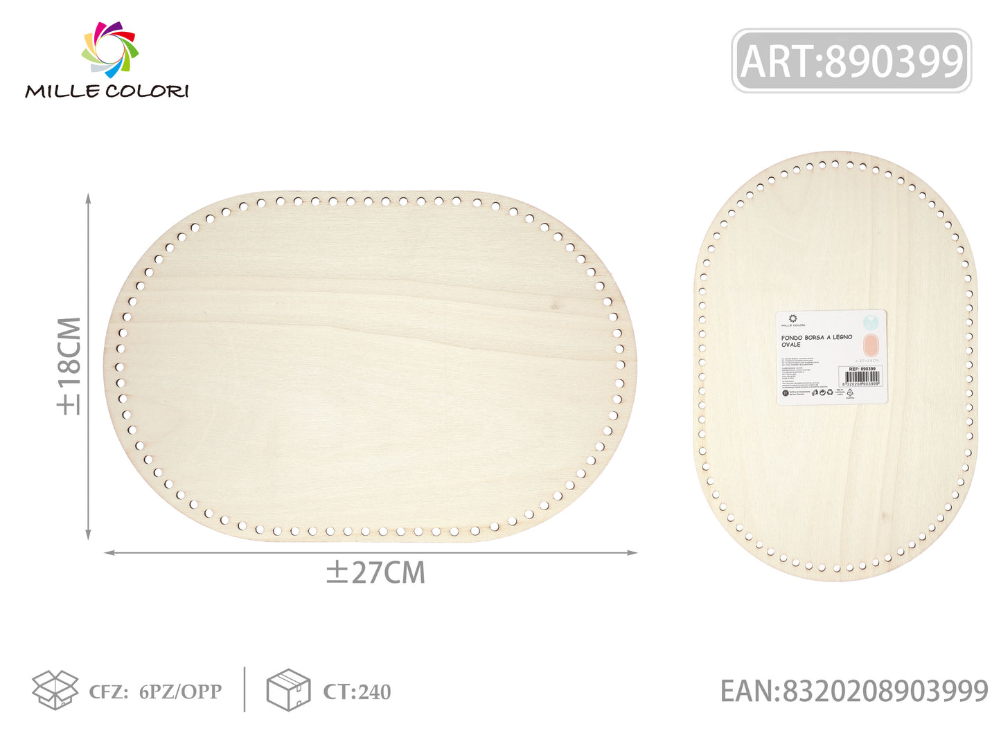 Fondo ovale in legno 27x18cm per borse artigianali, prodotto originale brand Mille Colori.