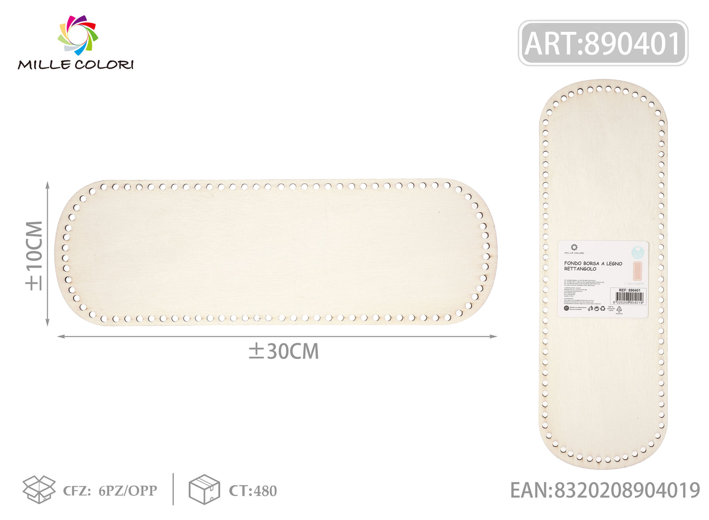 Fondo ovale in legno 30x10cm per borse fatte a mano, prodotto originale brand Mille Colori.