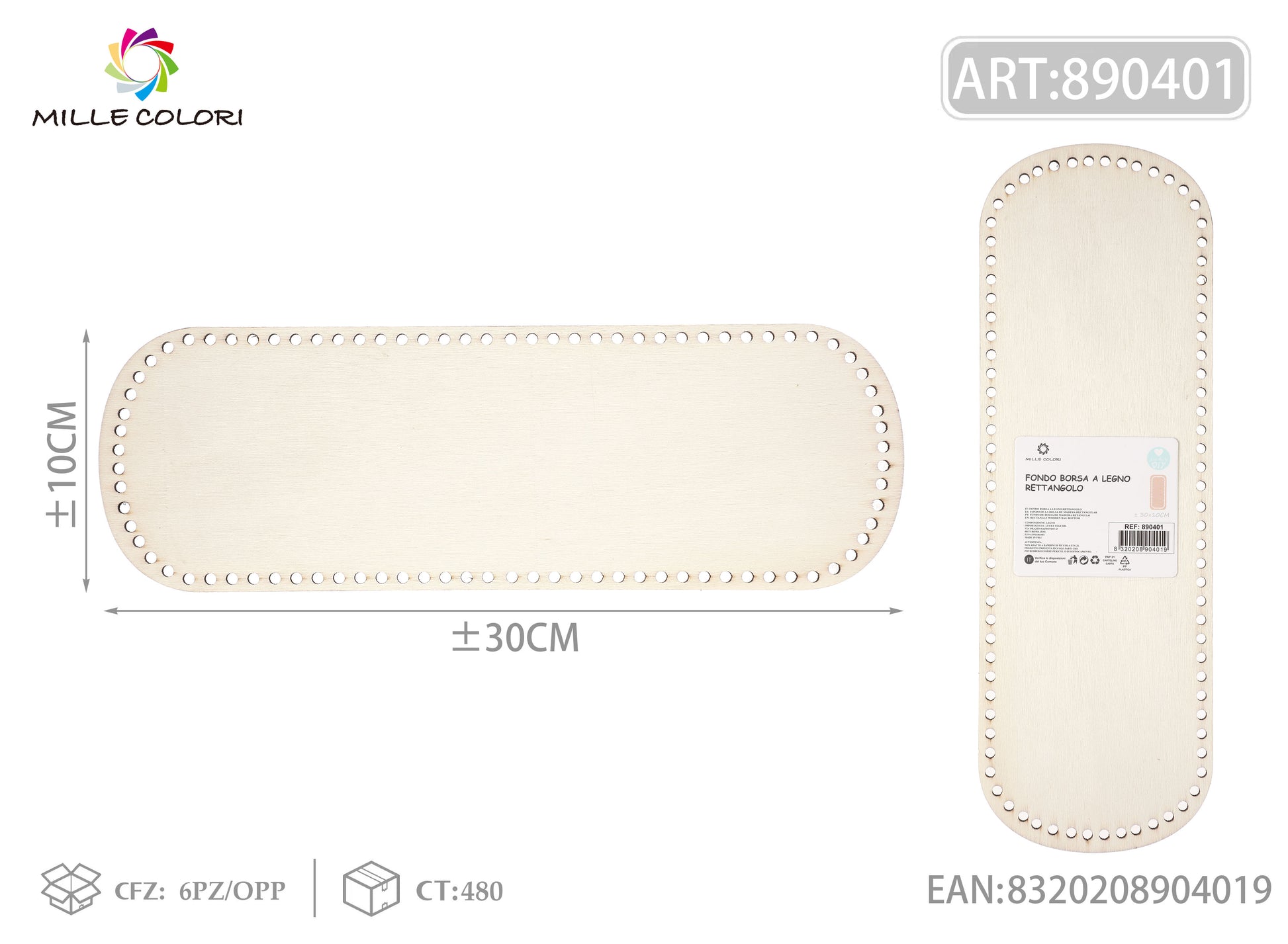 Fondo ovale in legno 30x10cm per borse fatte a mano, prodotto originale brand Mille Colori.