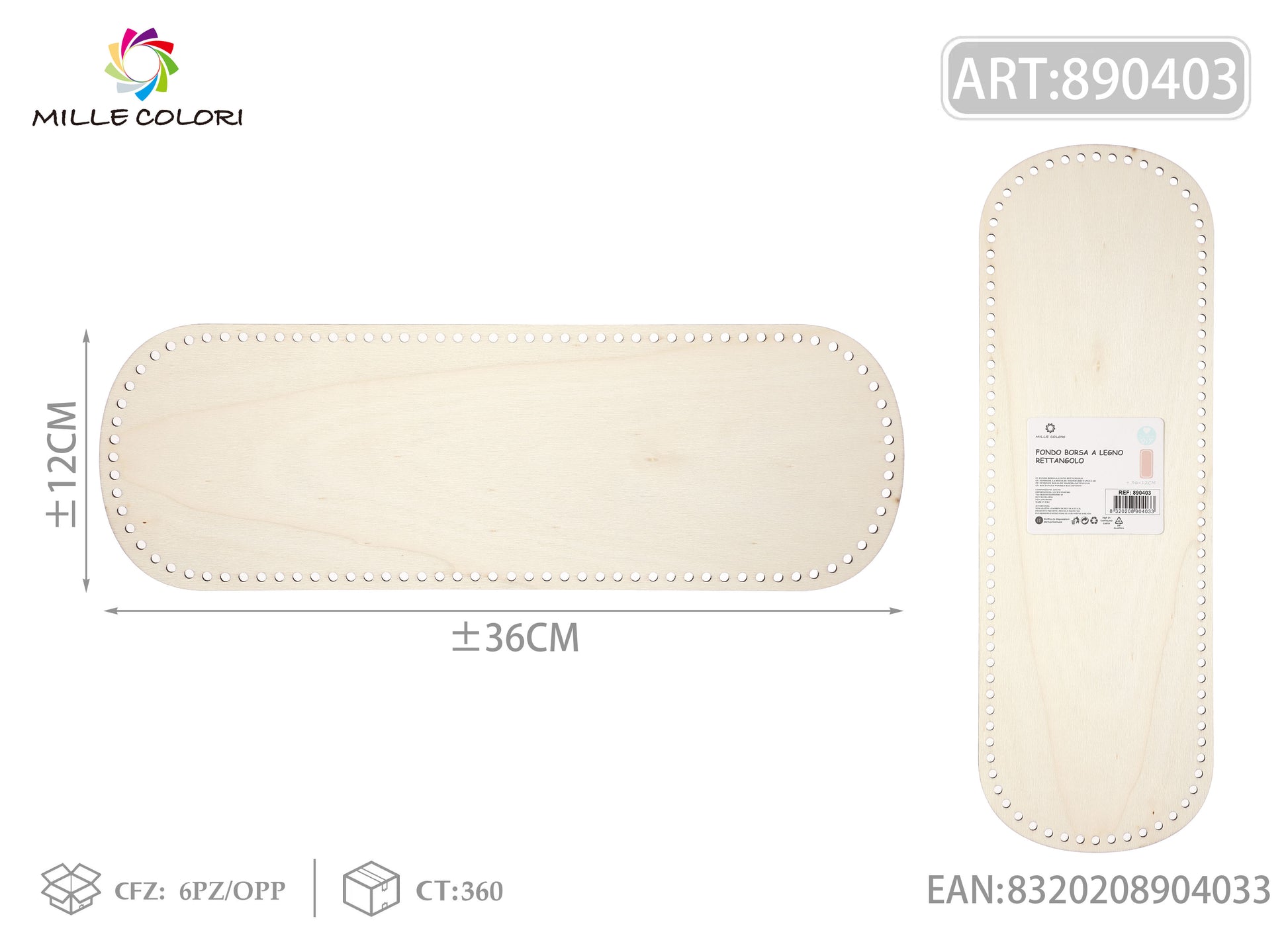 Fondo ovale in legno 36x12cm per borse artigianali, prodotto originale brand Mille Colori