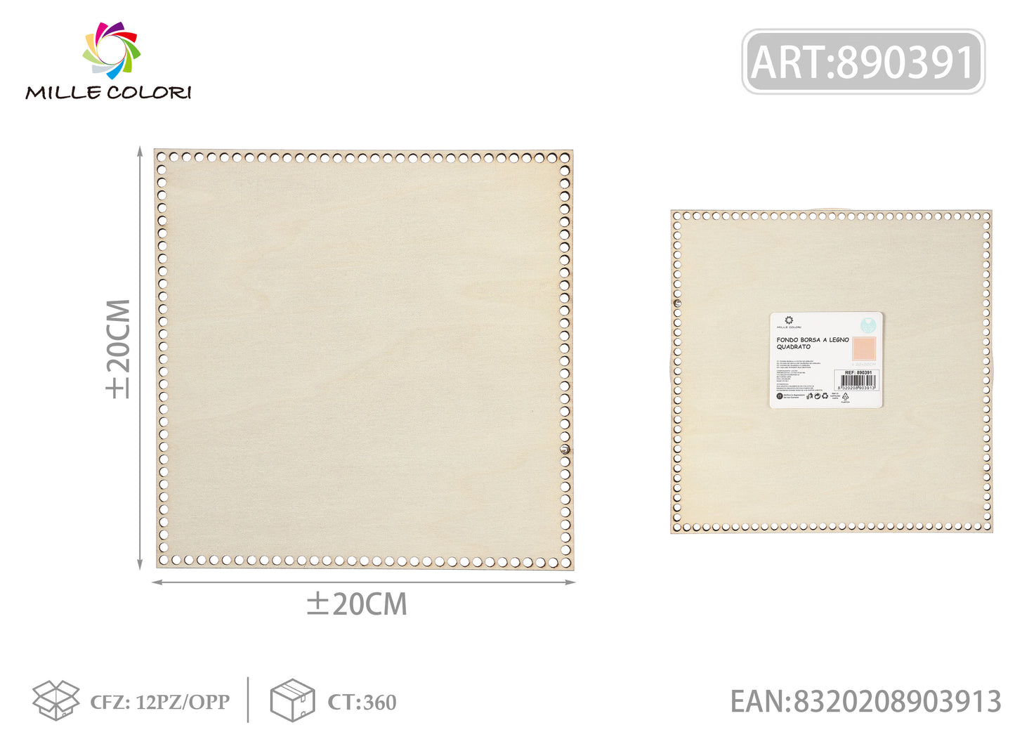 Fondo quadrato in legno 20x20cm per borse fatte a mano, prodotto originale brand Mille Colori.