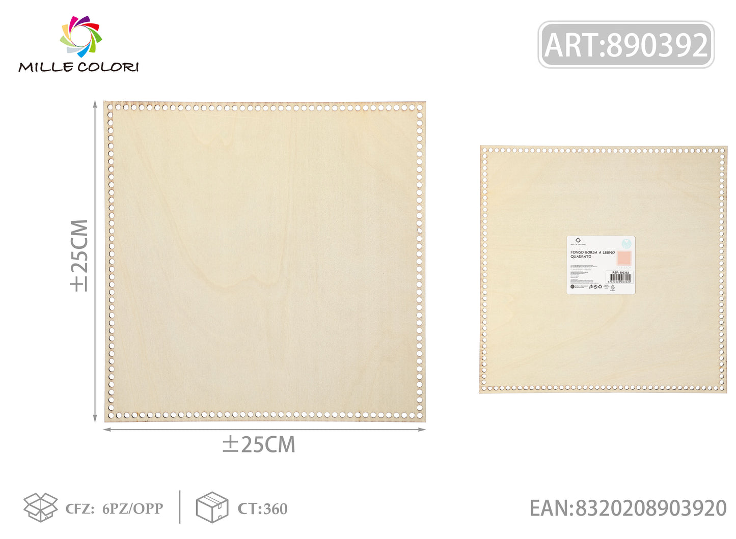 Fondo quadrato in legno 25x25cm per borse artigianali, prodotto originale brand Mille Colori