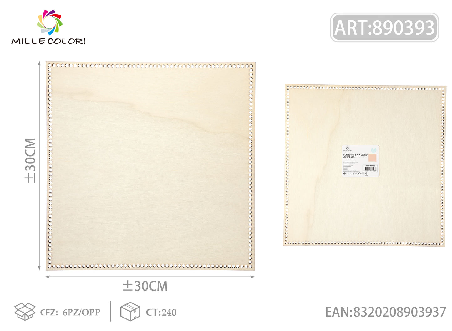 Fondo quadrato in legno 30x30cm per borse artigianali, prodotto originale brand Mille Colori