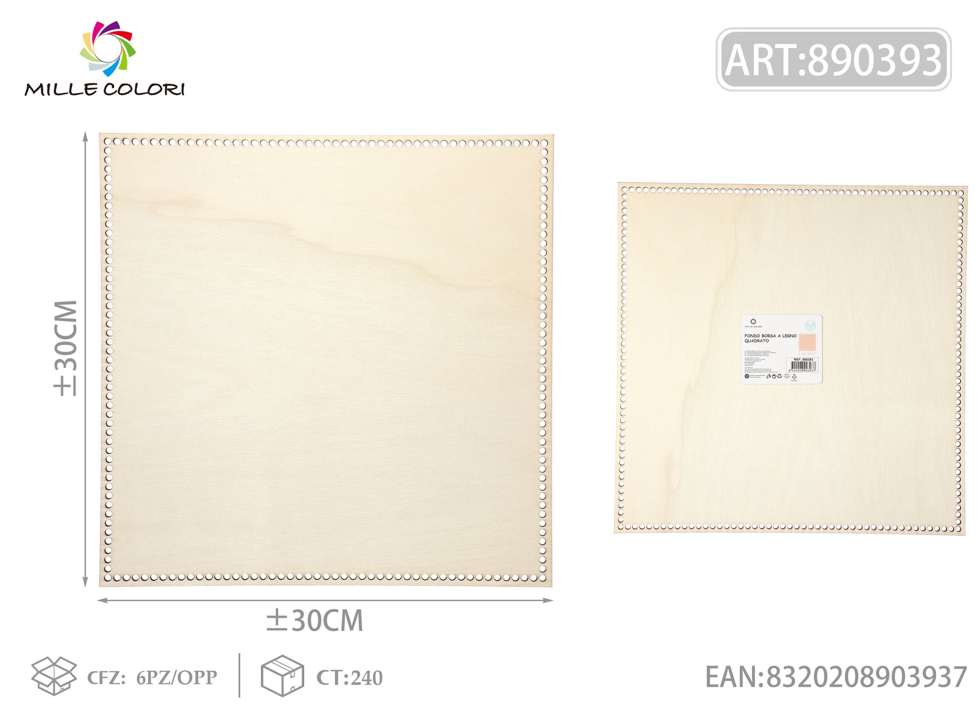 Fondo quadrato in legno 30x30cm per borse artigianali, prodotto originale brand Mille Colori