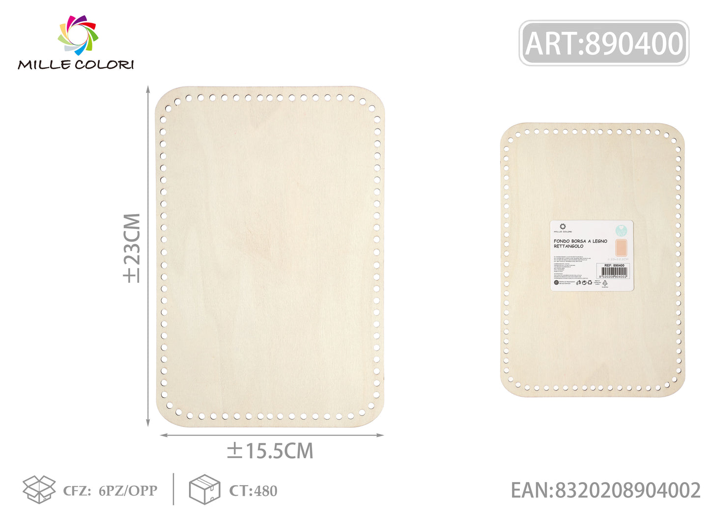 Fondo rettangolare in legno 23x15.5cm per borse artigianali, prodotto originale brand Mille Colori.