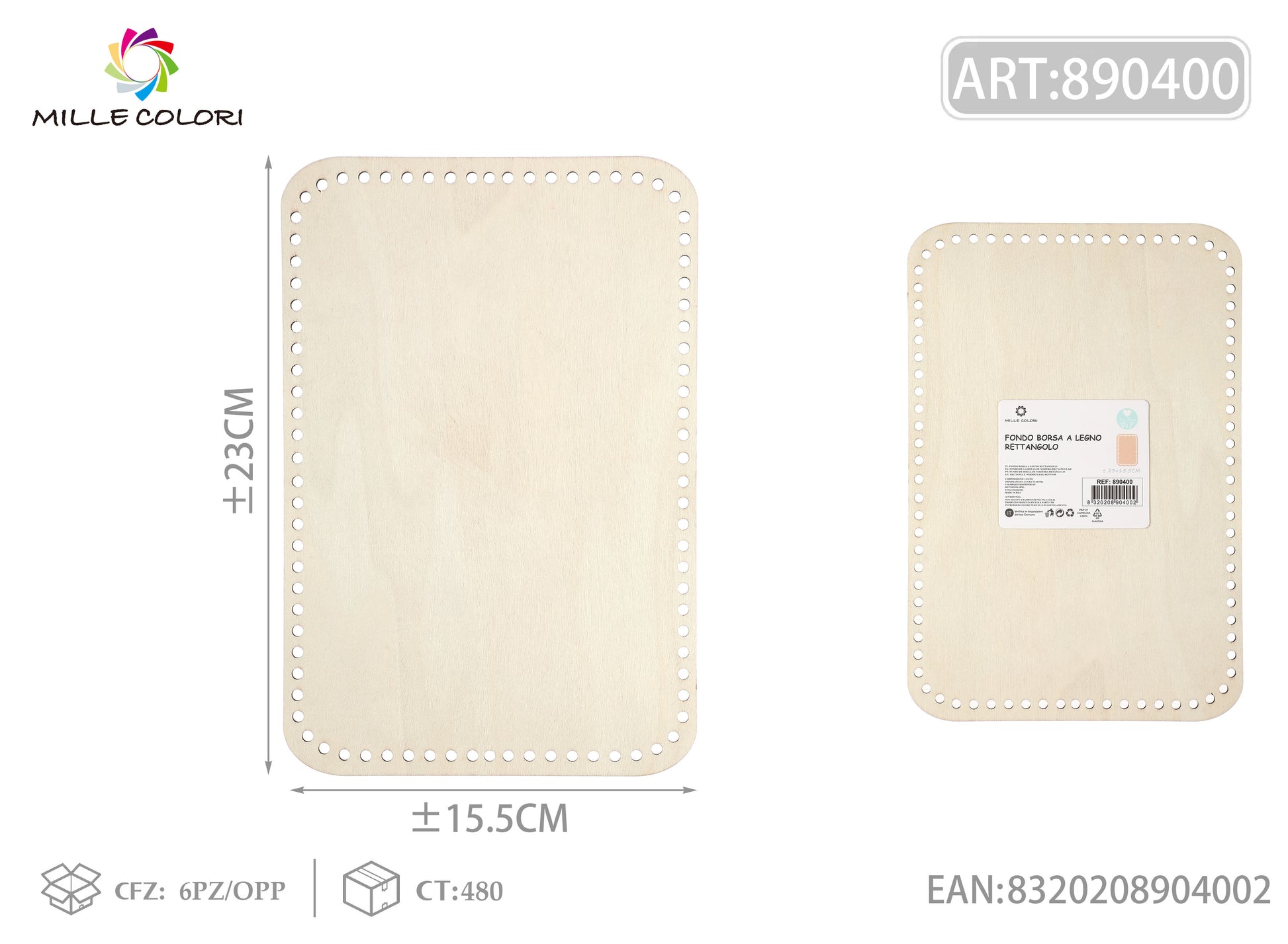 Fondo rettangolare in legno 23x15.5cm per borse artigianali, prodotto originale brand Mille Colori.