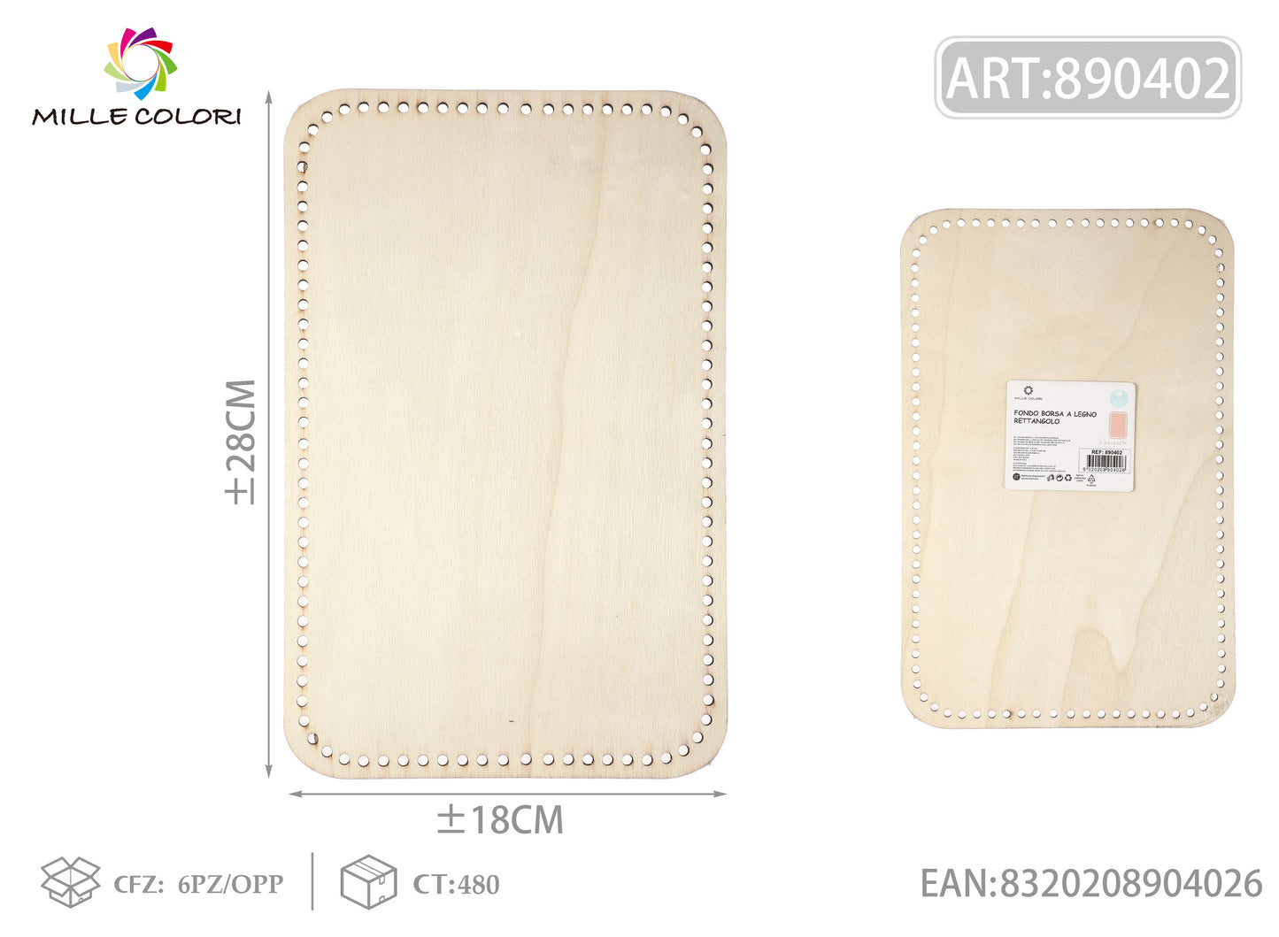 Fondo rettangolare in legno 28x18cm per borse fatte a mano, prodotto originale brand Mille Colori.