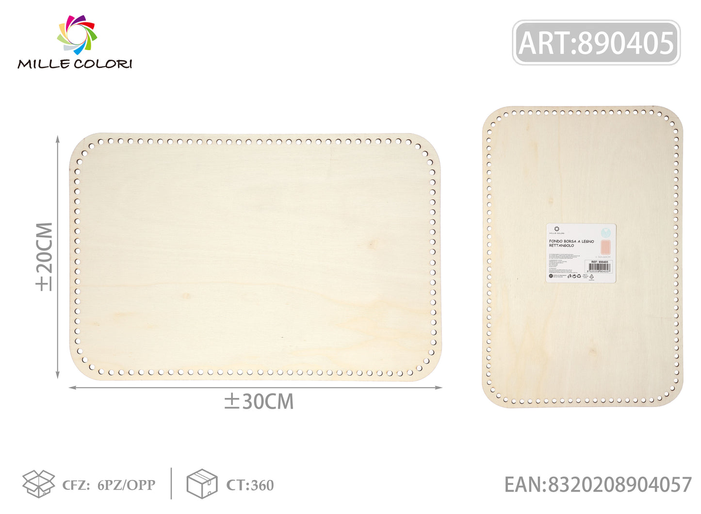Fondo rettangolare in legno 30x20cm per borse artigianali, serie Mille Colori con fantasia multicolore