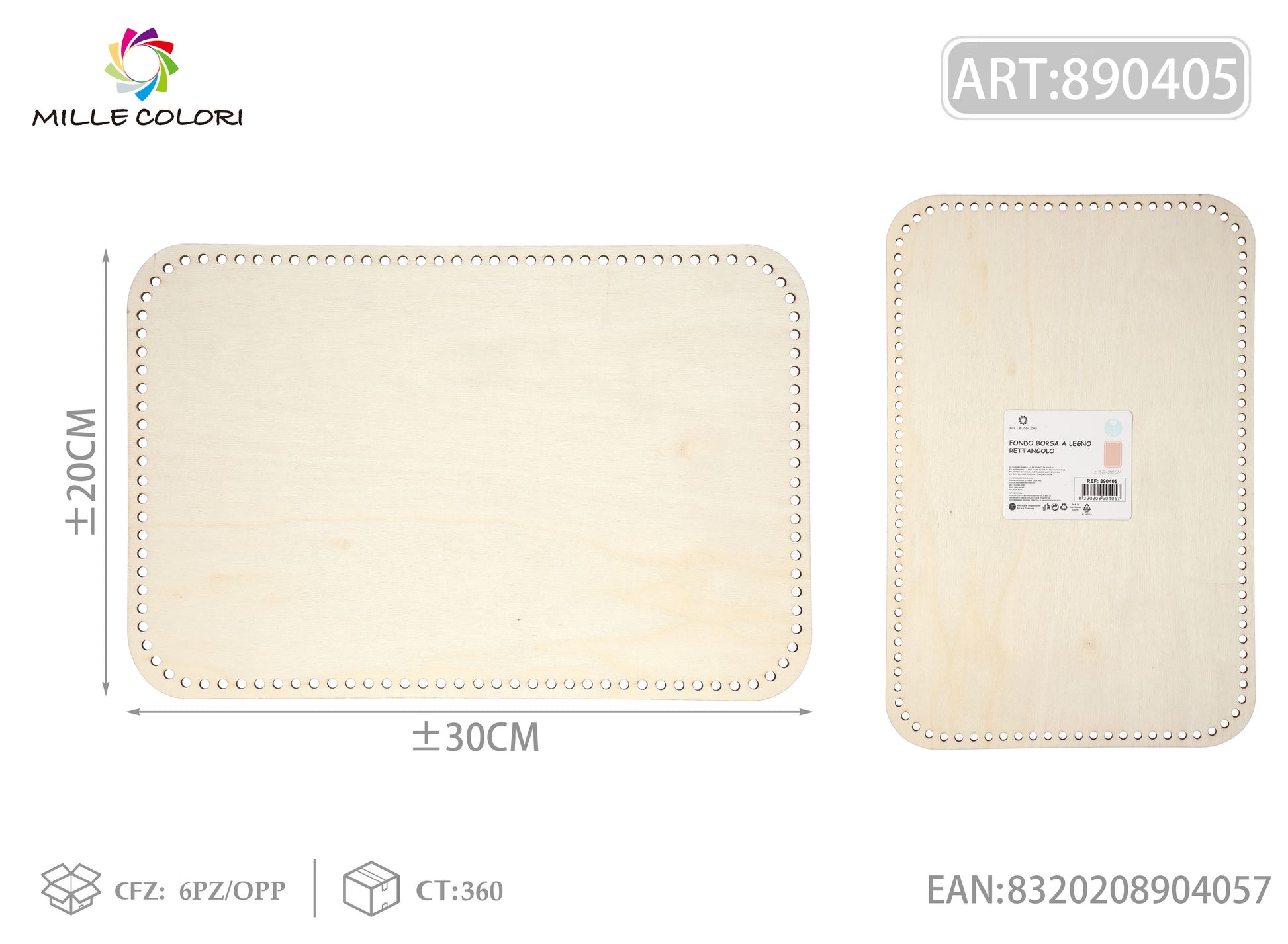 Fondo rettangolare in legno 30x20cm per borse artigianali, serie Mille Colori con fantasia multicolore