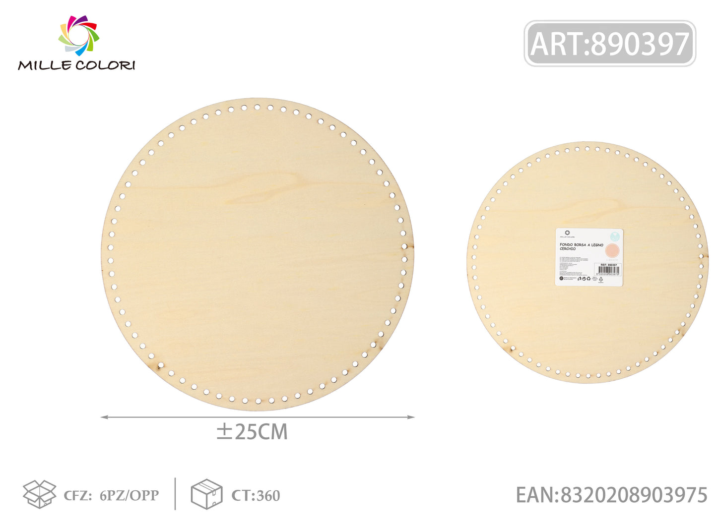 Fondo rotondo in legno diametro 25cm per borse artigianali, prodotto originale brand Mille Colori.