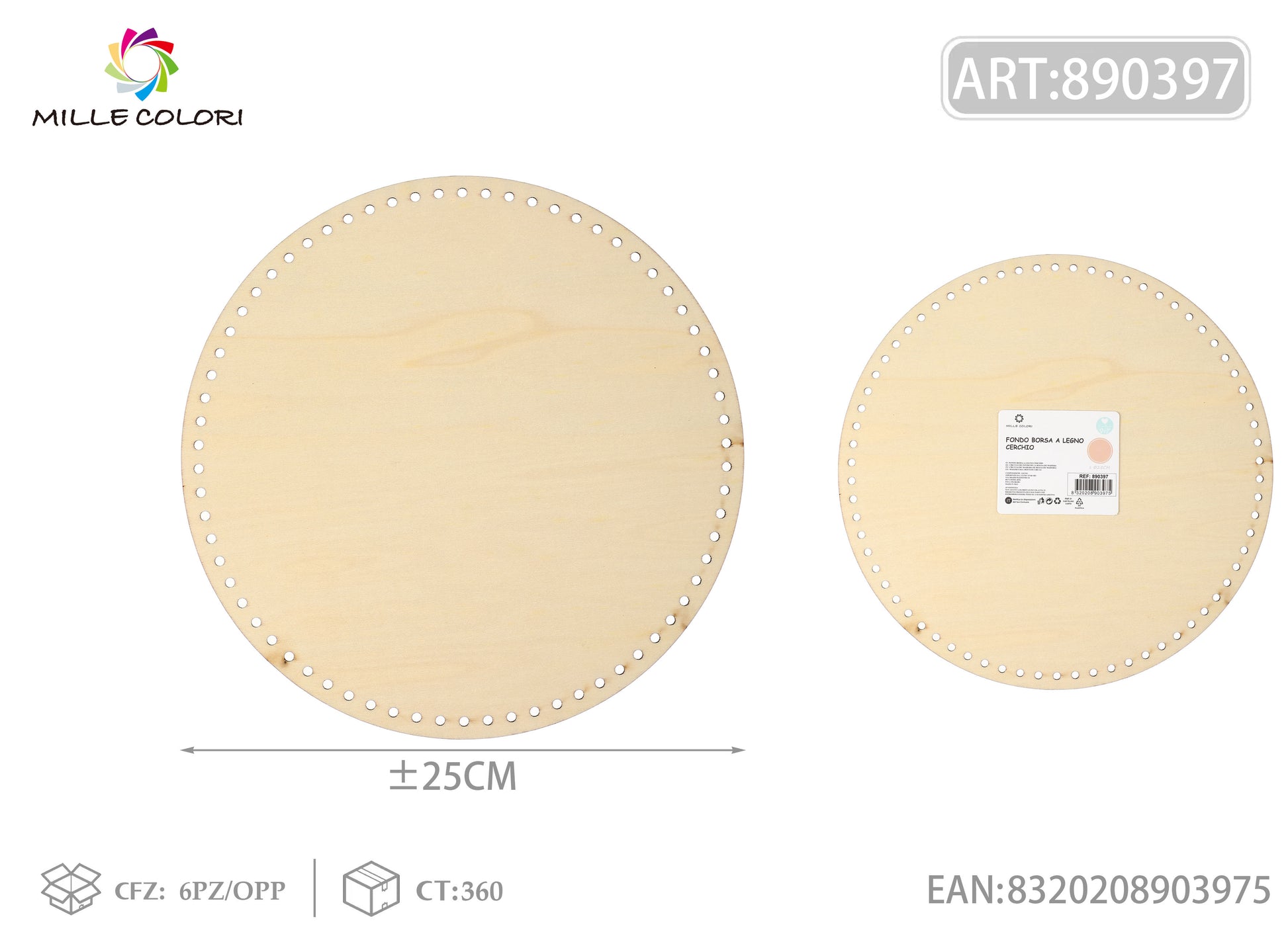 Fondo rotondo in legno diametro 25cm per borse artigianali, prodotto originale brand Mille Colori.