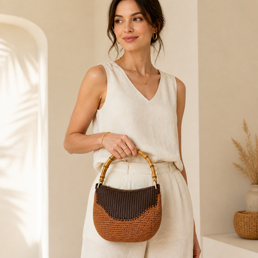 Kit per Borsa Fai da Te con Manico in Bambù e Componenti in Ecopelle | Mille Colori  MARRONE