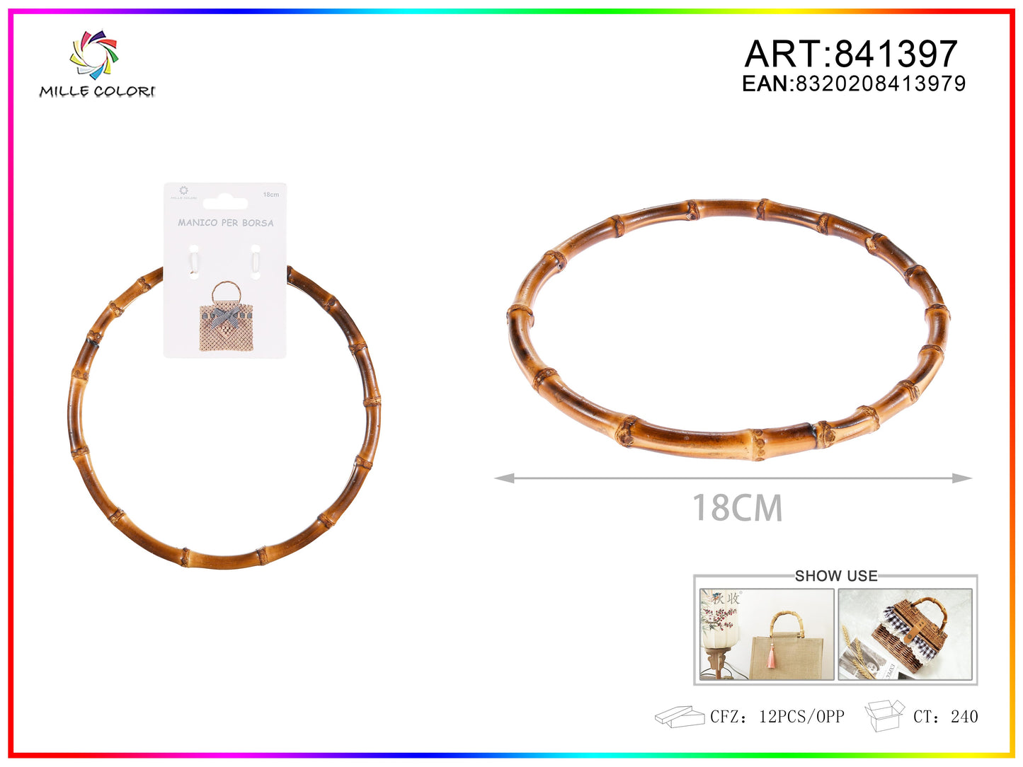 Manico in bambù per borsa tondo 18 cm Mille Colori per borse fai da te e handmade