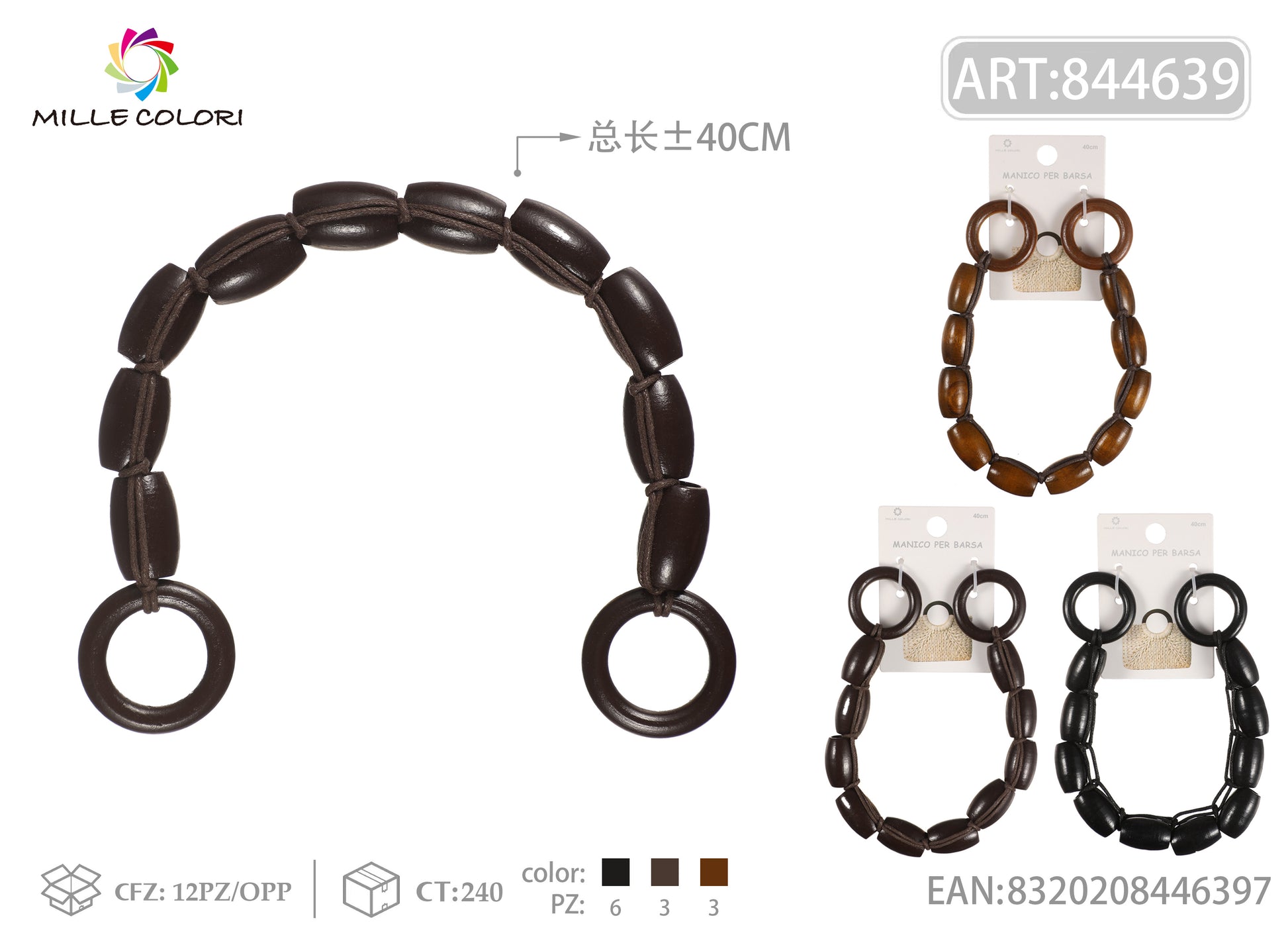 Manico per borsa con perle in legno 40 cm Mille Colori con anelli terminali per borse fai da te e handmade