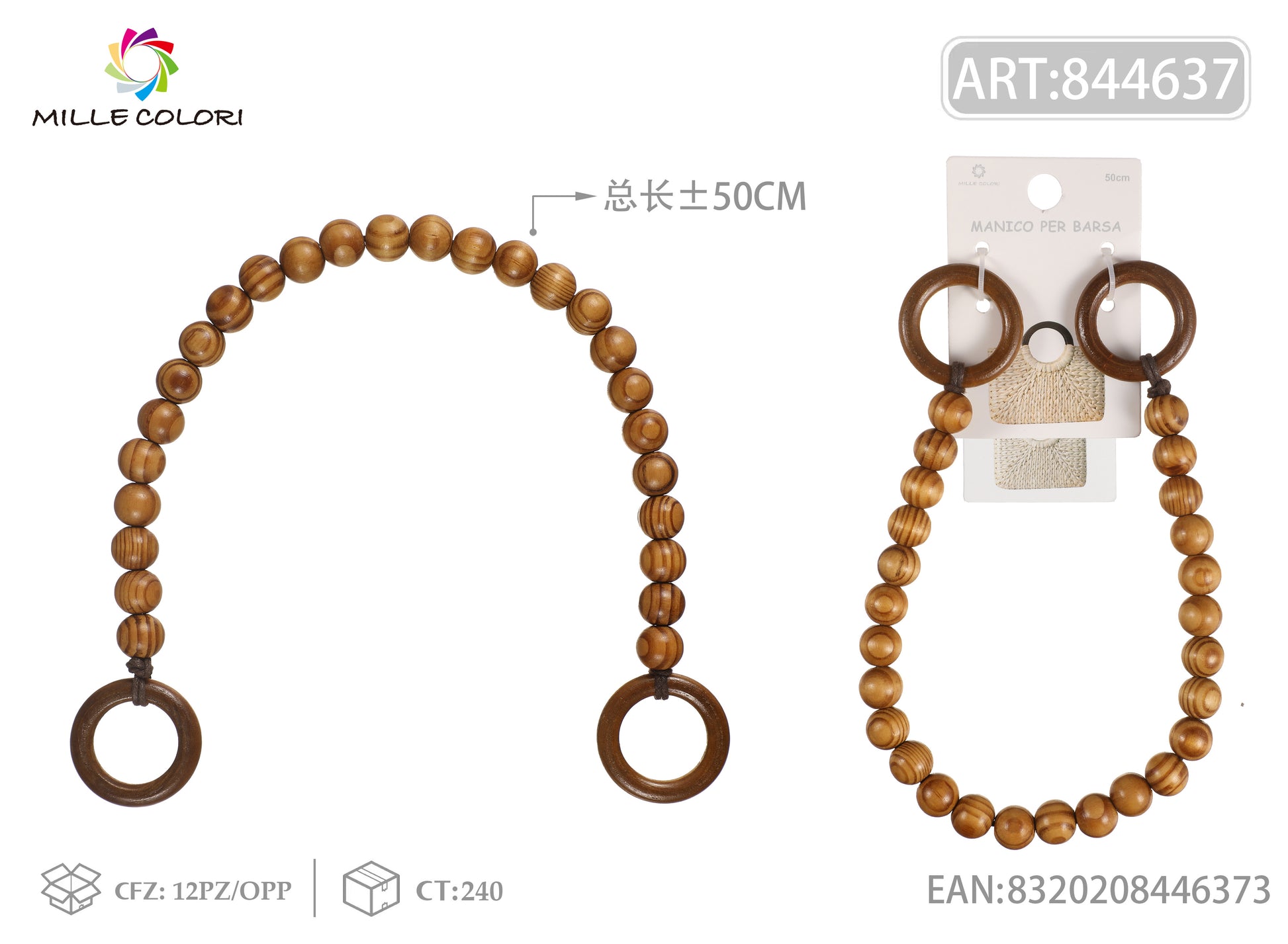 Manico per borsa con perle in legno 50 cm Mille Colori con anelli terminali per shopper e handmade