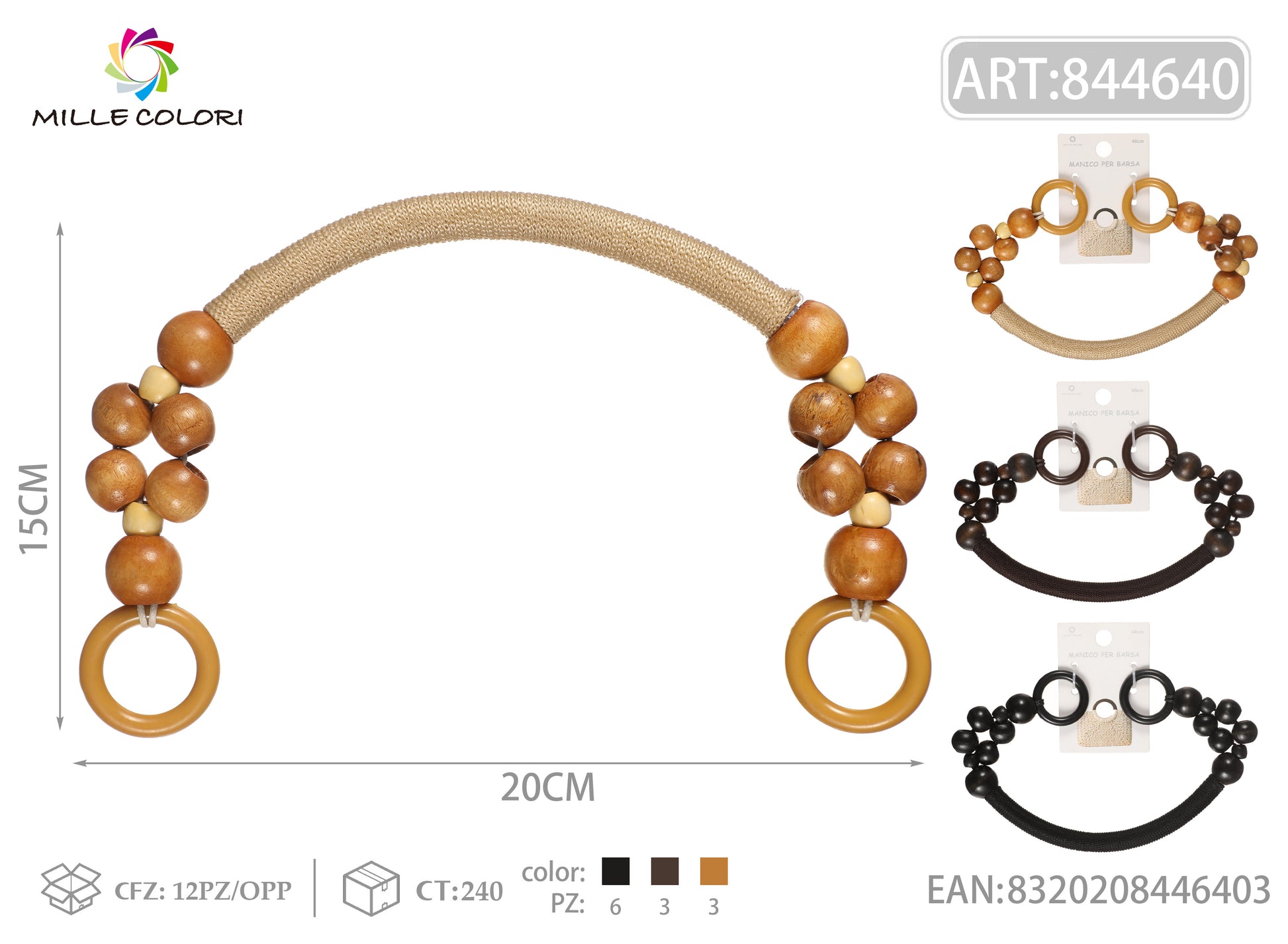 Manico per borsa con perle in legno e anelli 20x15 cm Mille Colori per borse fai da te e handmade