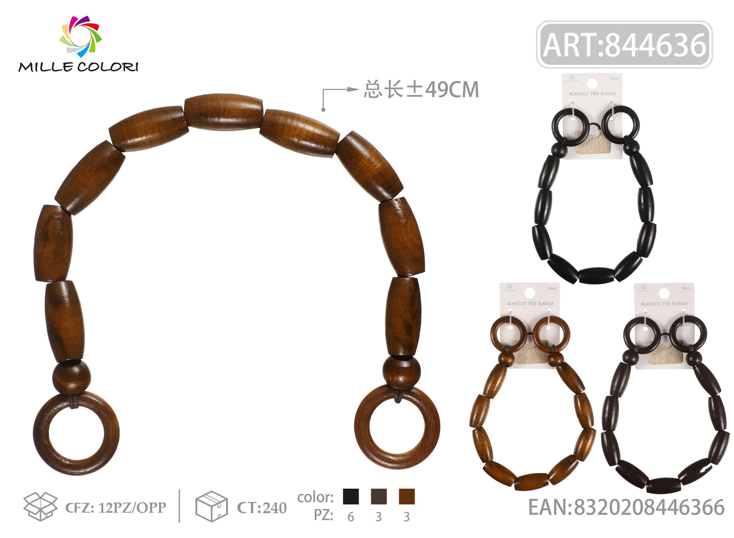 Manico per borsa con perle ovali in legno 49 cm Mille Colori con anelli terminali per shopper e handmade