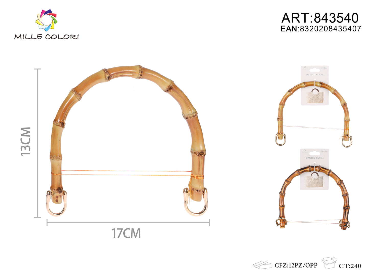 Manico per borsa effetto bambù con ganci 17x13 cm Mille Colori per borse fai da te e handmade