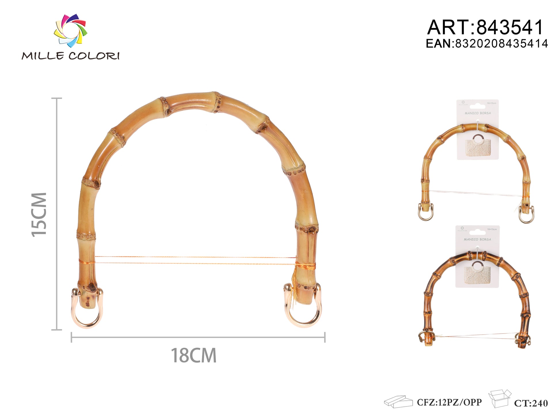 Manico per borsa effetto bambù con ganci 18x15 cm Mille Colori per borse fai da te e handmade