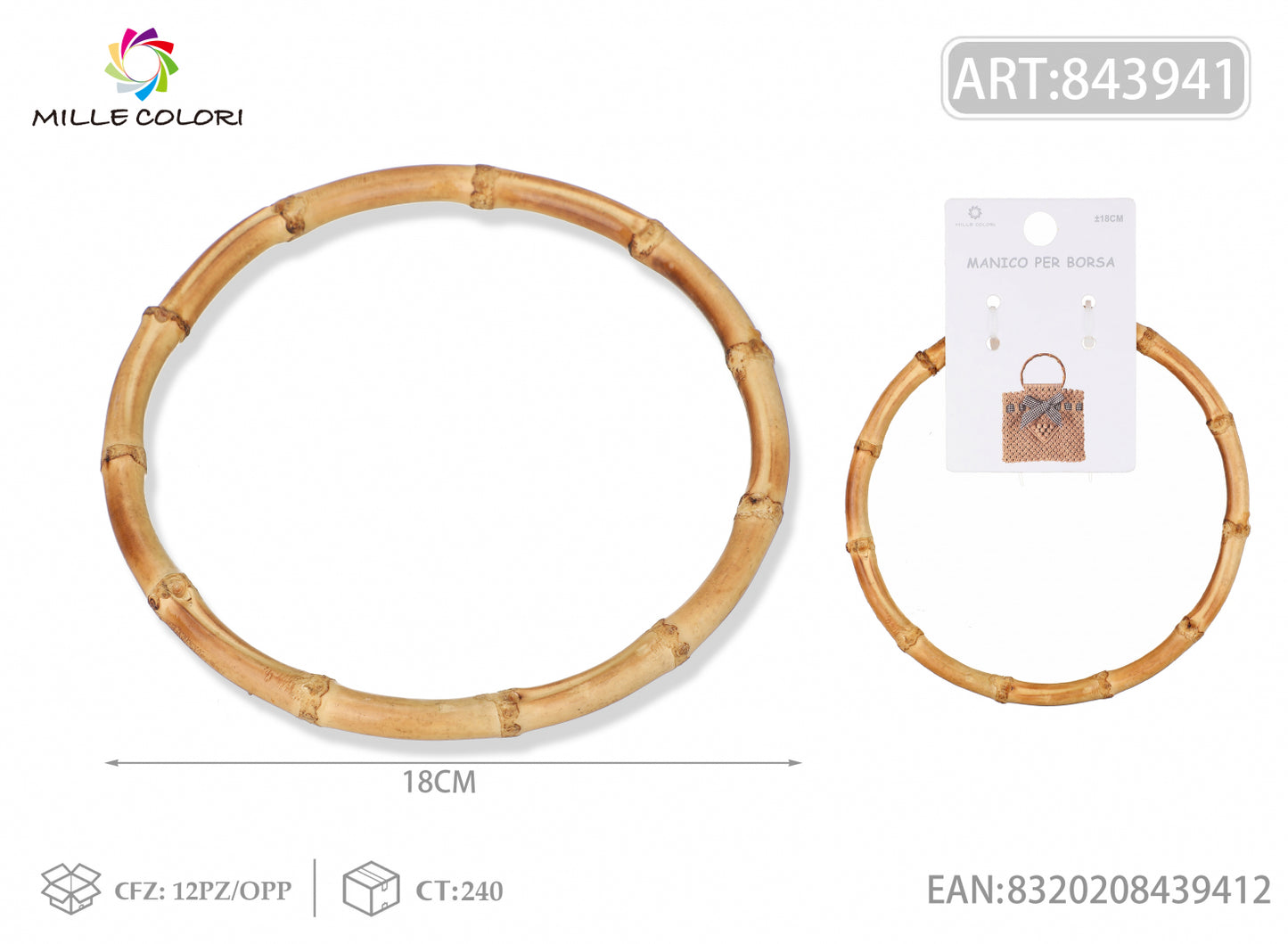 Manico per borsa in bambù tondo 18 cm Mille Colori per borse fai da te e handmade