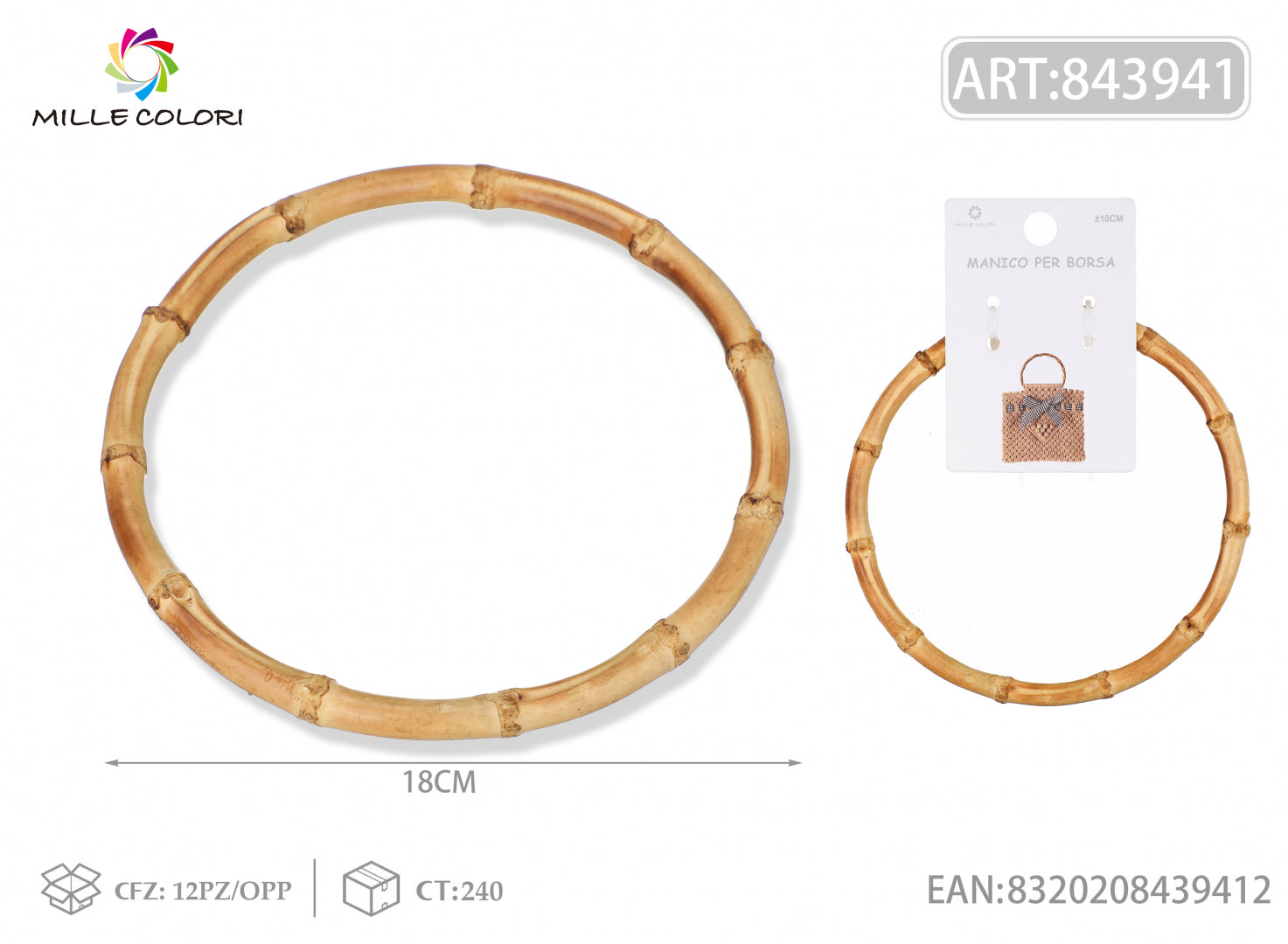 Manico per borsa in bambù tondo 18 cm Mille Colori per borse fai da te e handmade
