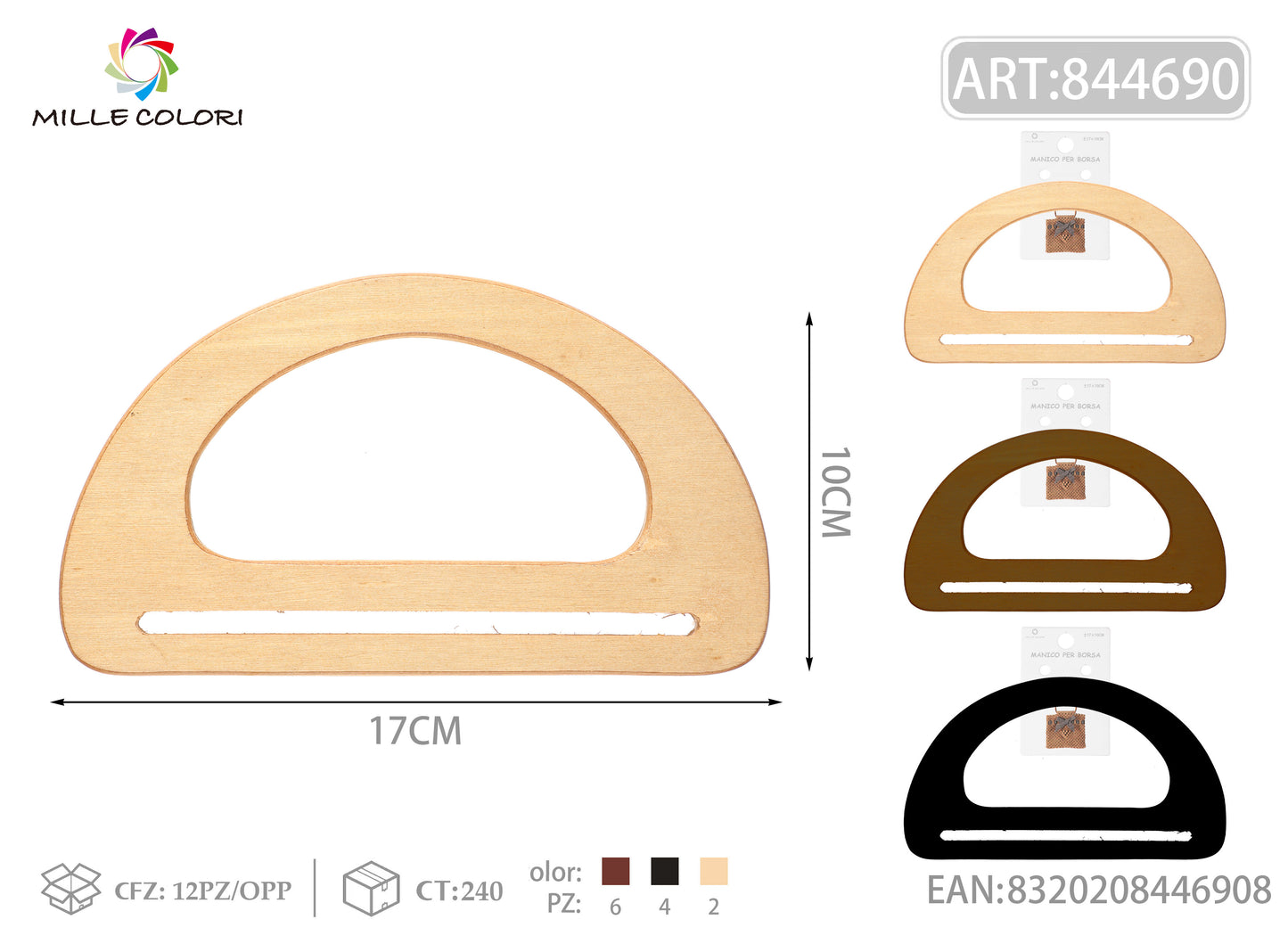 Manico per borsa in legno con asola 17x10 cm Mille Colori per borse fai da te e handmade