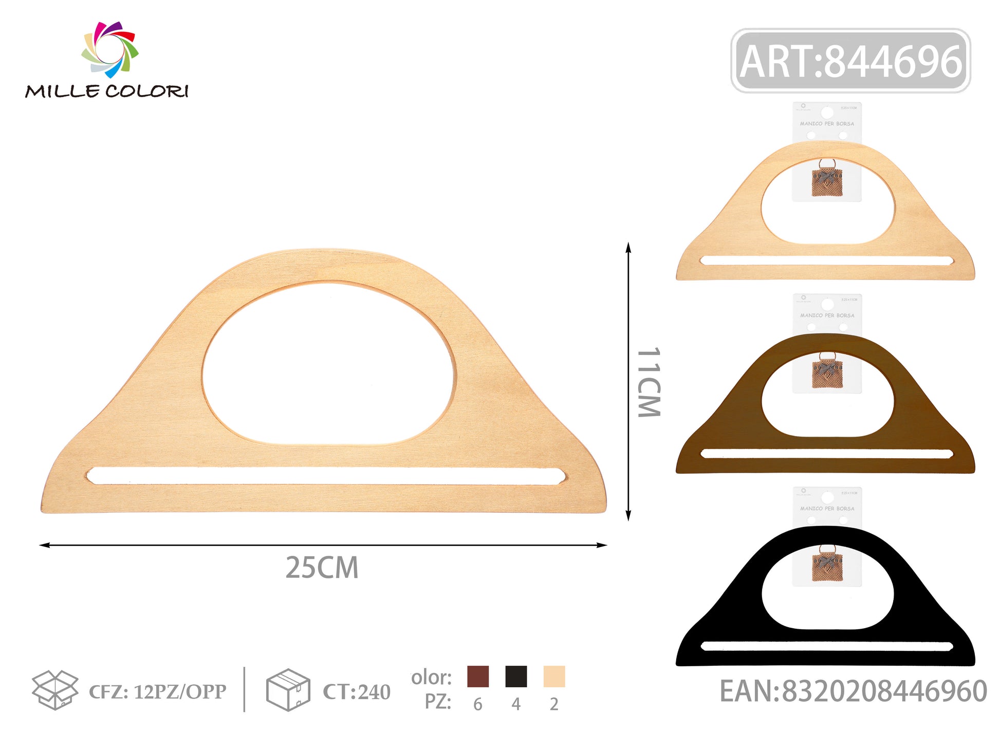 Manico per borsa in legno con asola 25x11 cm Mille Colori per borse fai da te e handmade