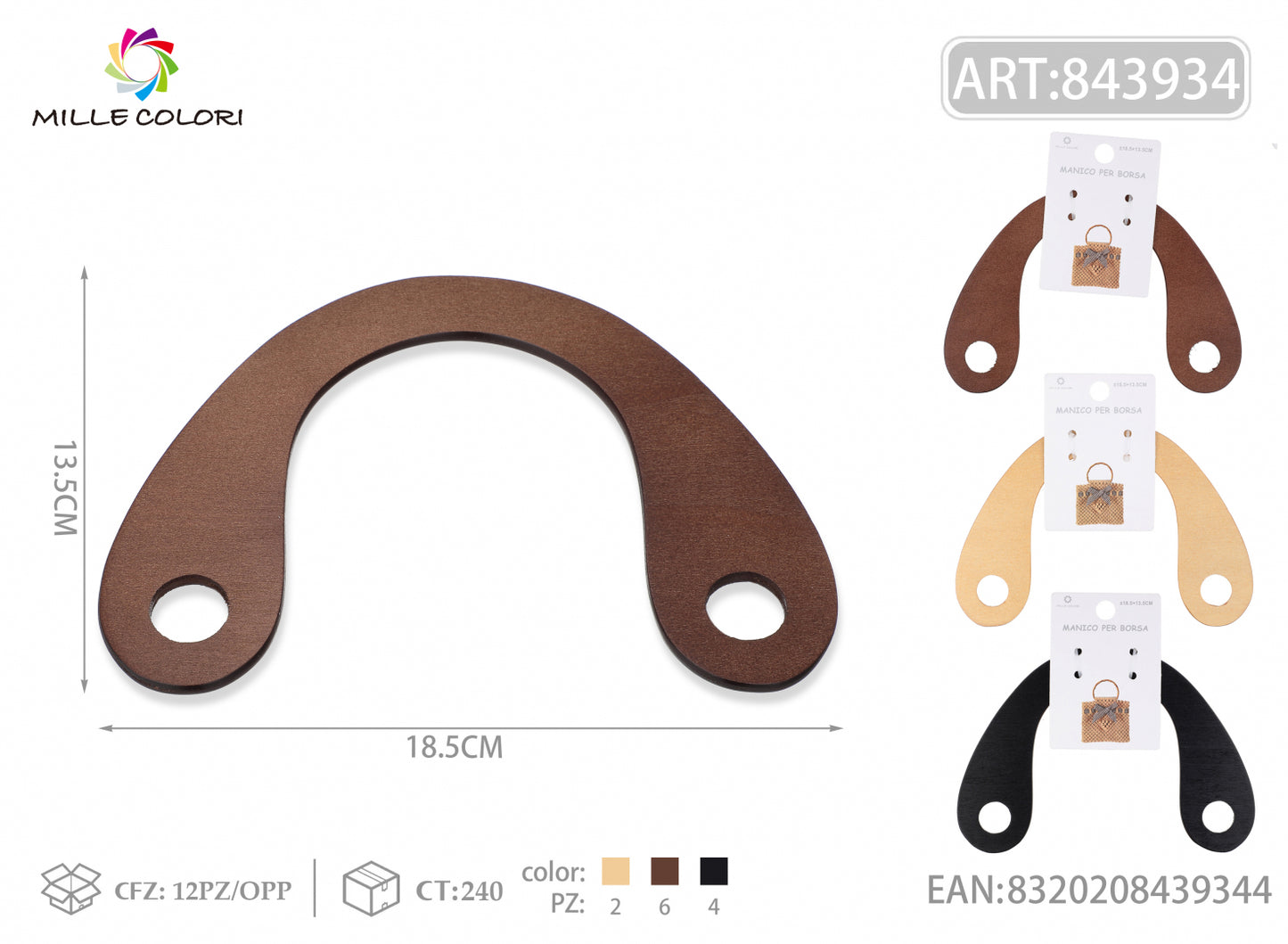 Manico per borsa in legno con fori 18,5x13,5 cm Mille Colori per borse fai da te e handmade