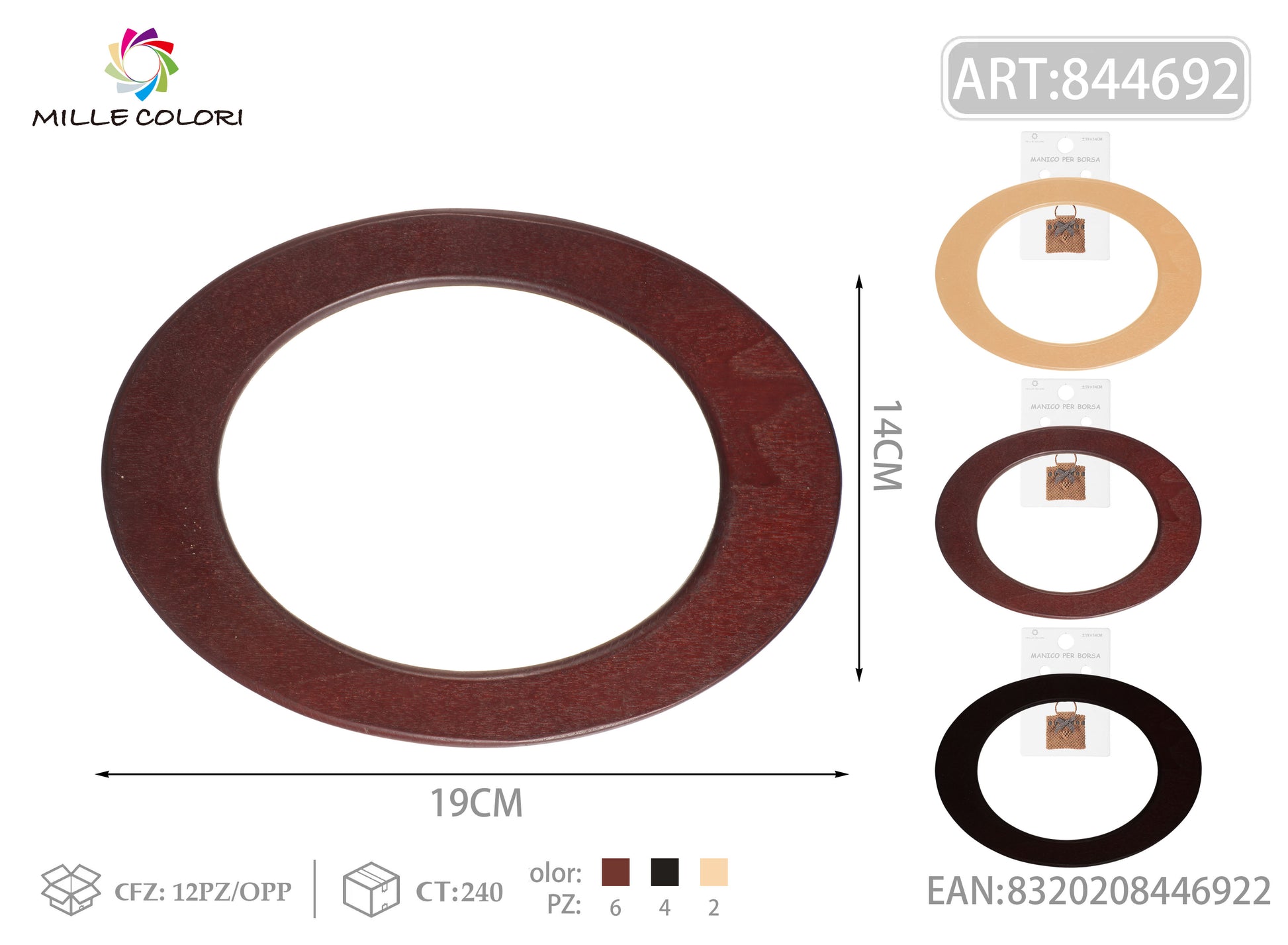 Manico per borsa in legno ovale 19x14 cm Mille Colori per borse fai da te e handmade