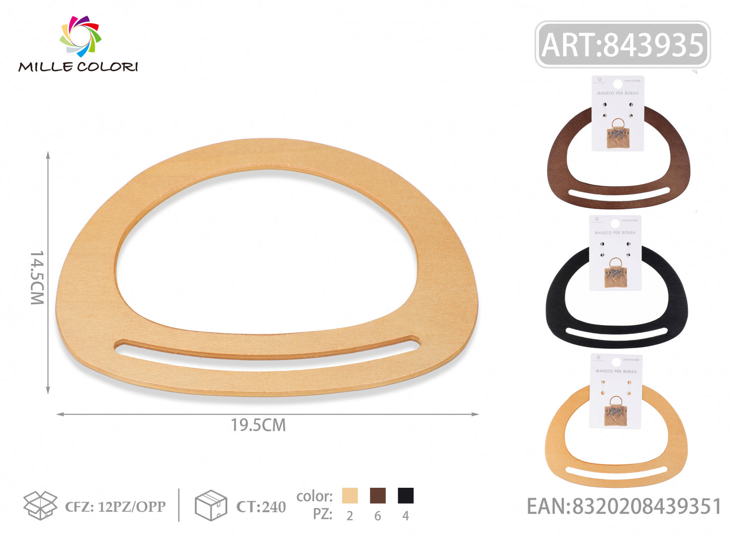 Manico per borsa in legno ovale con asola 19,5x14,5 cm Mille Colori per borse fai da te e handmade