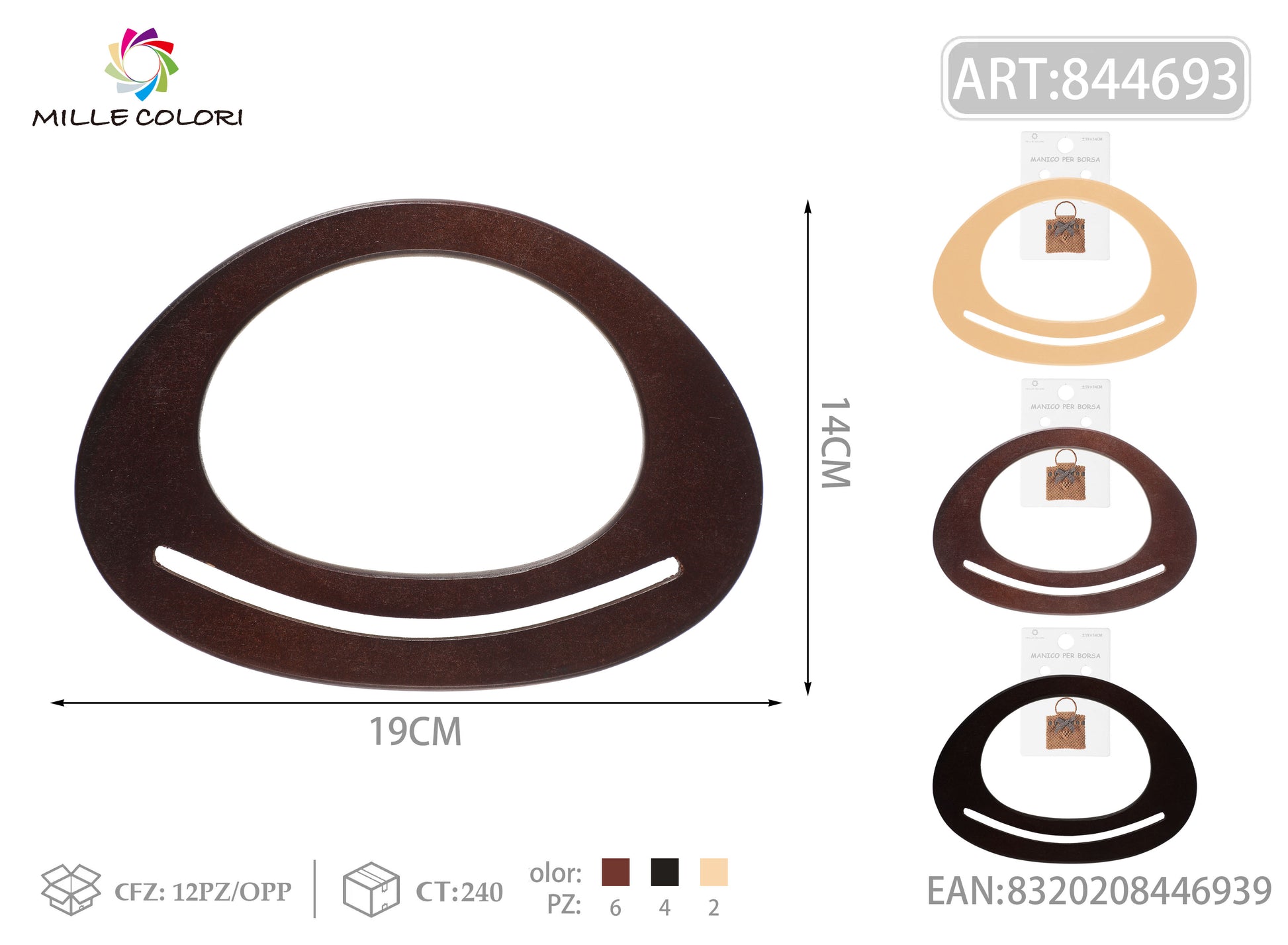 Manico per borsa in legno ovale con asola 19x14 cm Mille Colori per borse fai da te e handmade