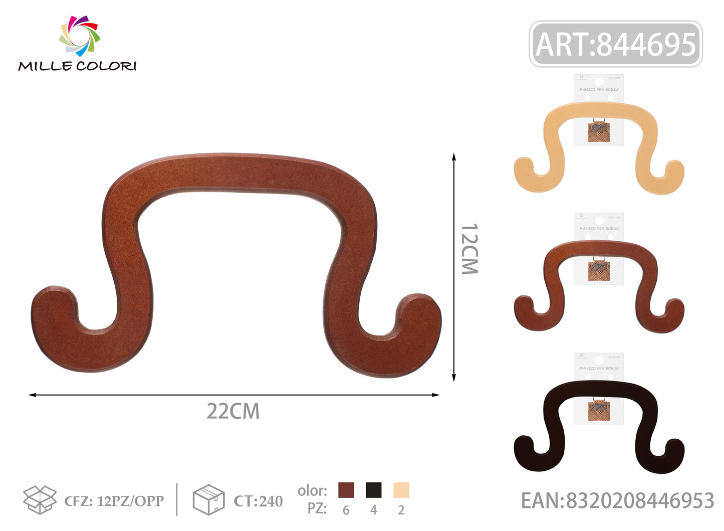 Manico per borsa in legno sagomato 22x12 cm Mille Colori per borse fai da te e handmade