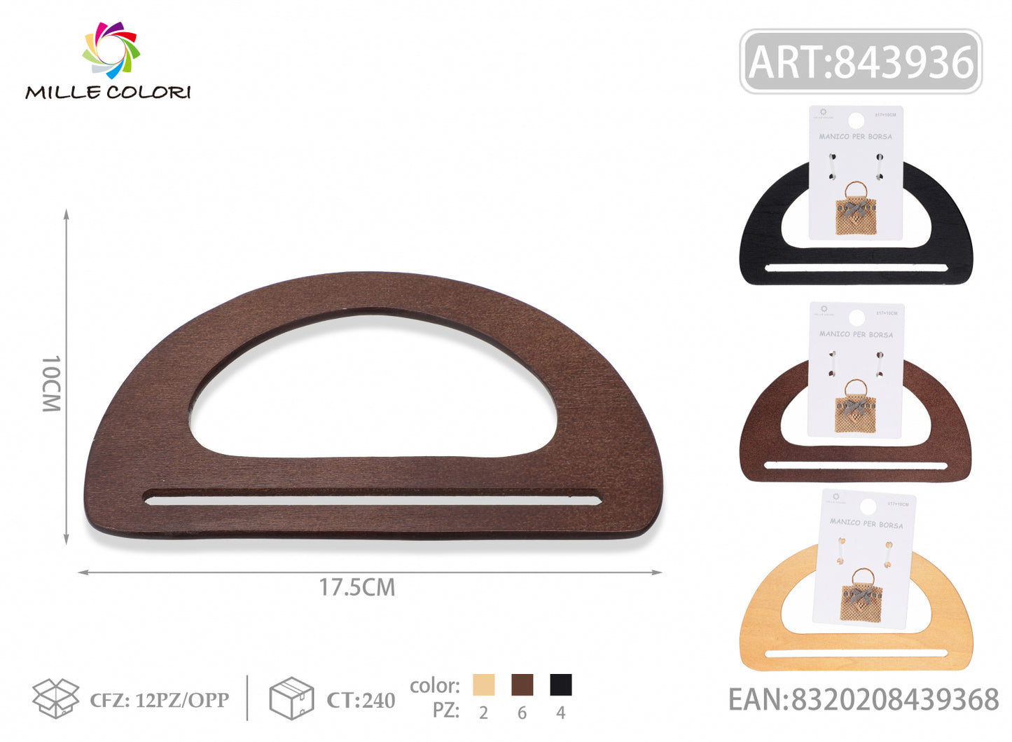 Manico per borsa in legno semicircolare con asola 17,5x10 cm Mille Colori per borse fai da te e handmade