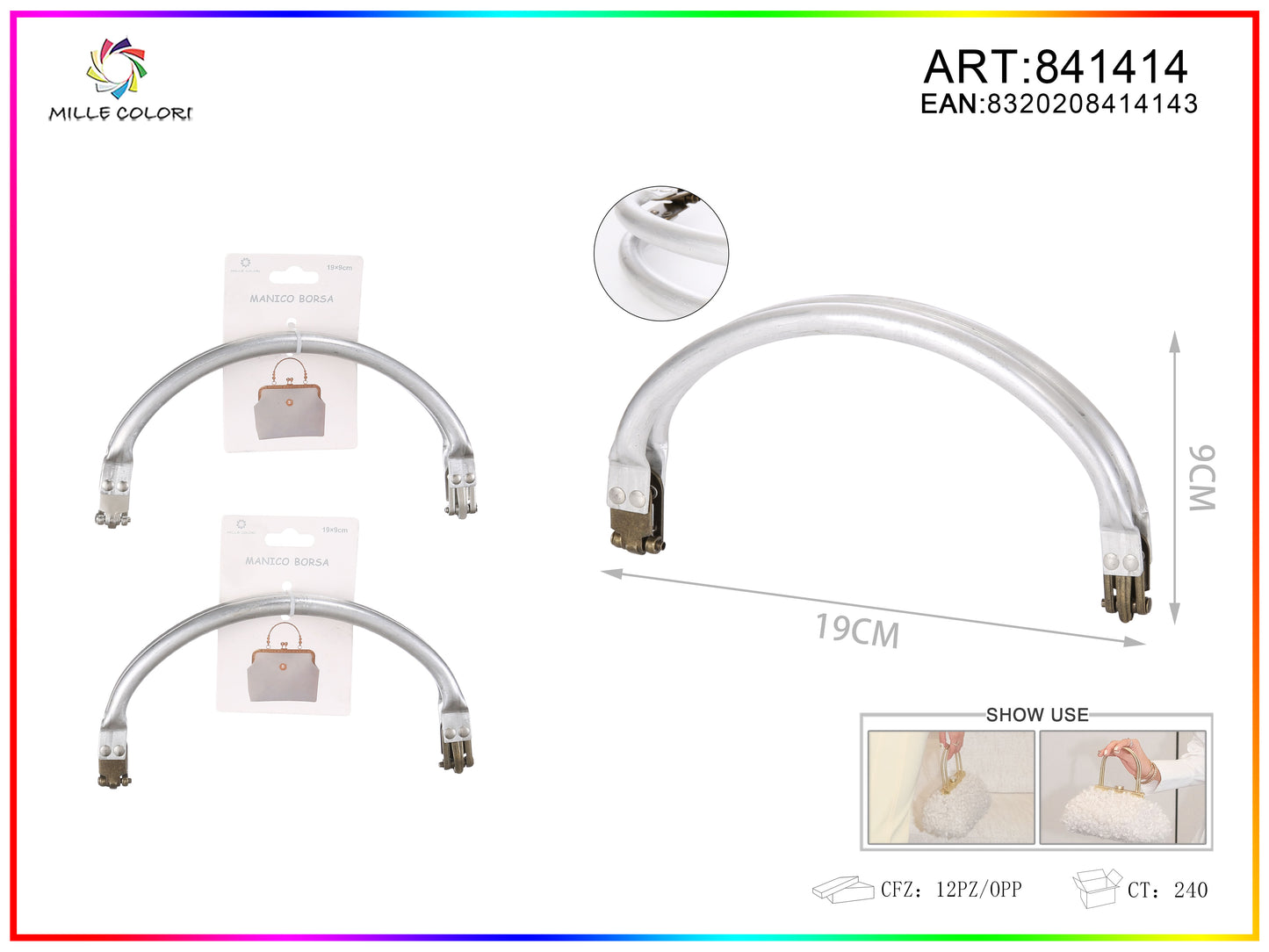 Manico per borsa in metallo curvo 19x9 cm argento Mille Colori per borse fai da te e handmade