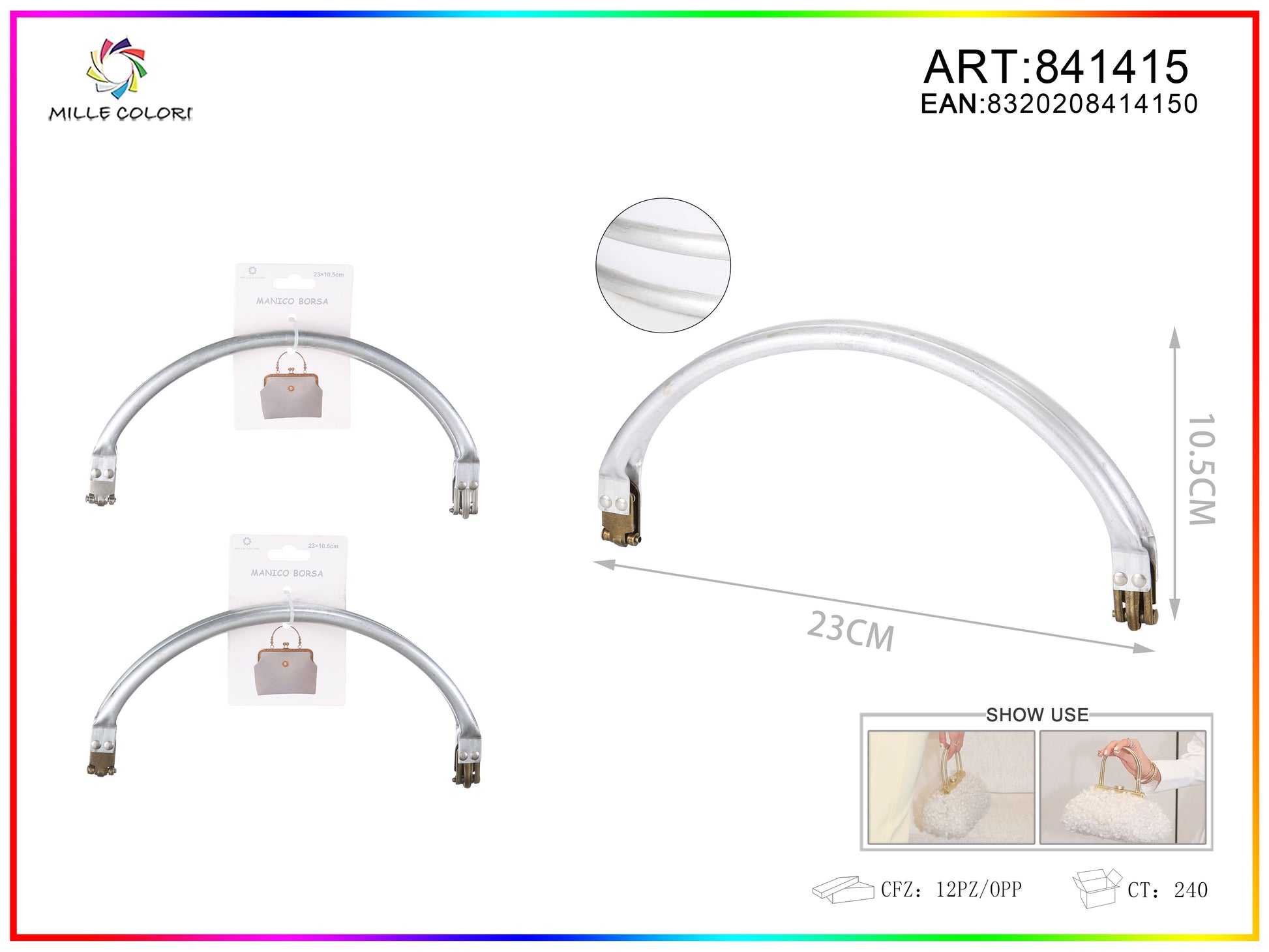 Manico per borsa in metallo curvo 23x10,5 cm argento Mille Colori per borse fai da te e handmade