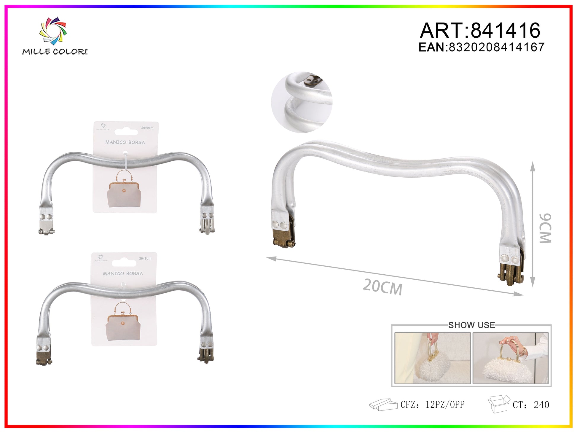 Manico per borsa in metallo ondulato 20x9 cm argento Mille Colori per borse fai da te e handmade