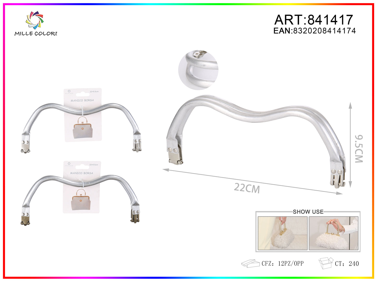 Manico per borsa in metallo ondulato 22x9,5 cm argento Mille Colori per borse fai da te e handmade