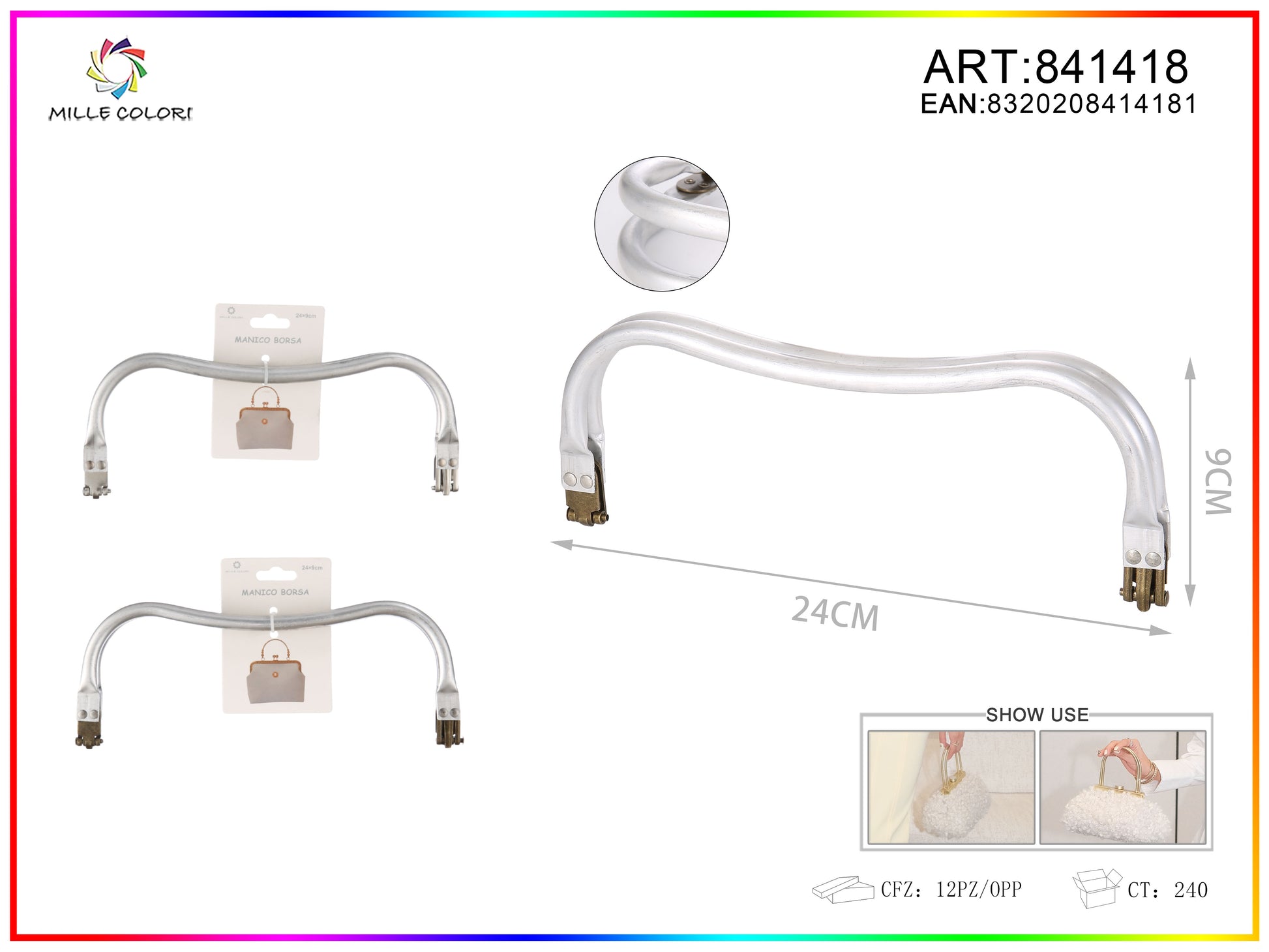 Manico per borsa in metallo ondulato 24x9 cm argento Mille Colori per borse fai da te e handmade