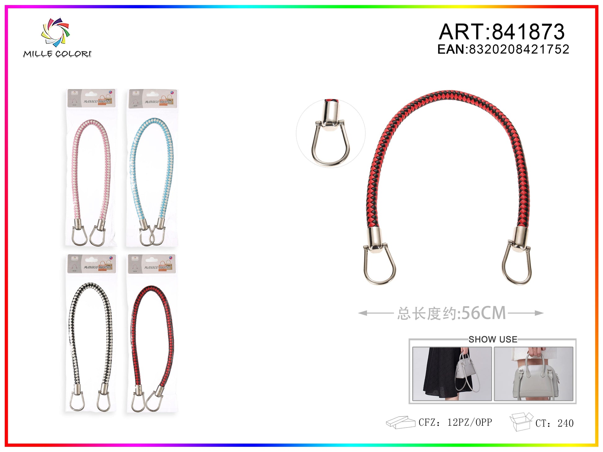 Manico per borsa intrecciato 56 cm con ganci Mille Colori per borse fai da te e handmade