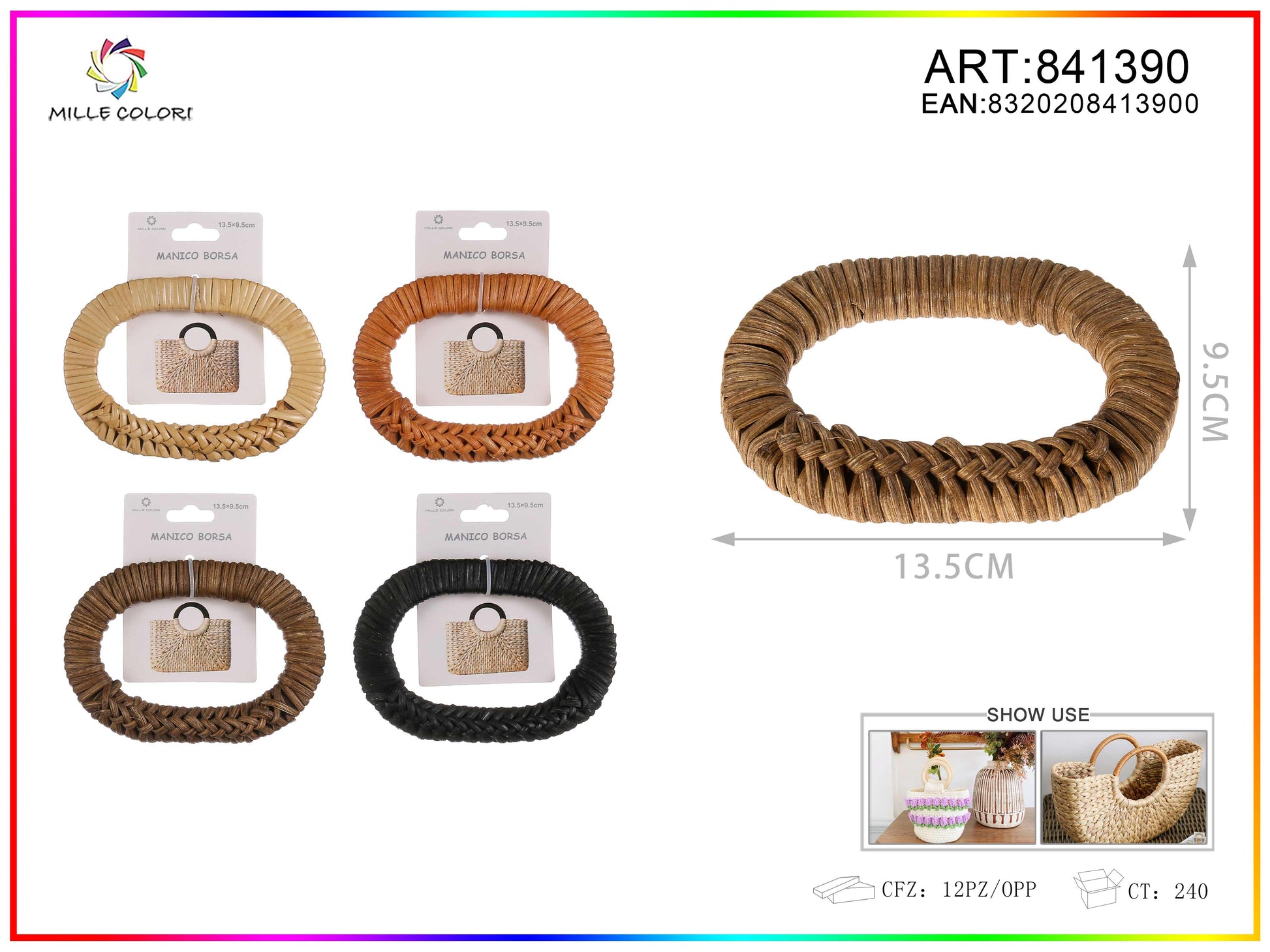 Manico per borsa ovale intrecciato 13,5x9,5 cm Mille Colori per borse fai da te e handmade