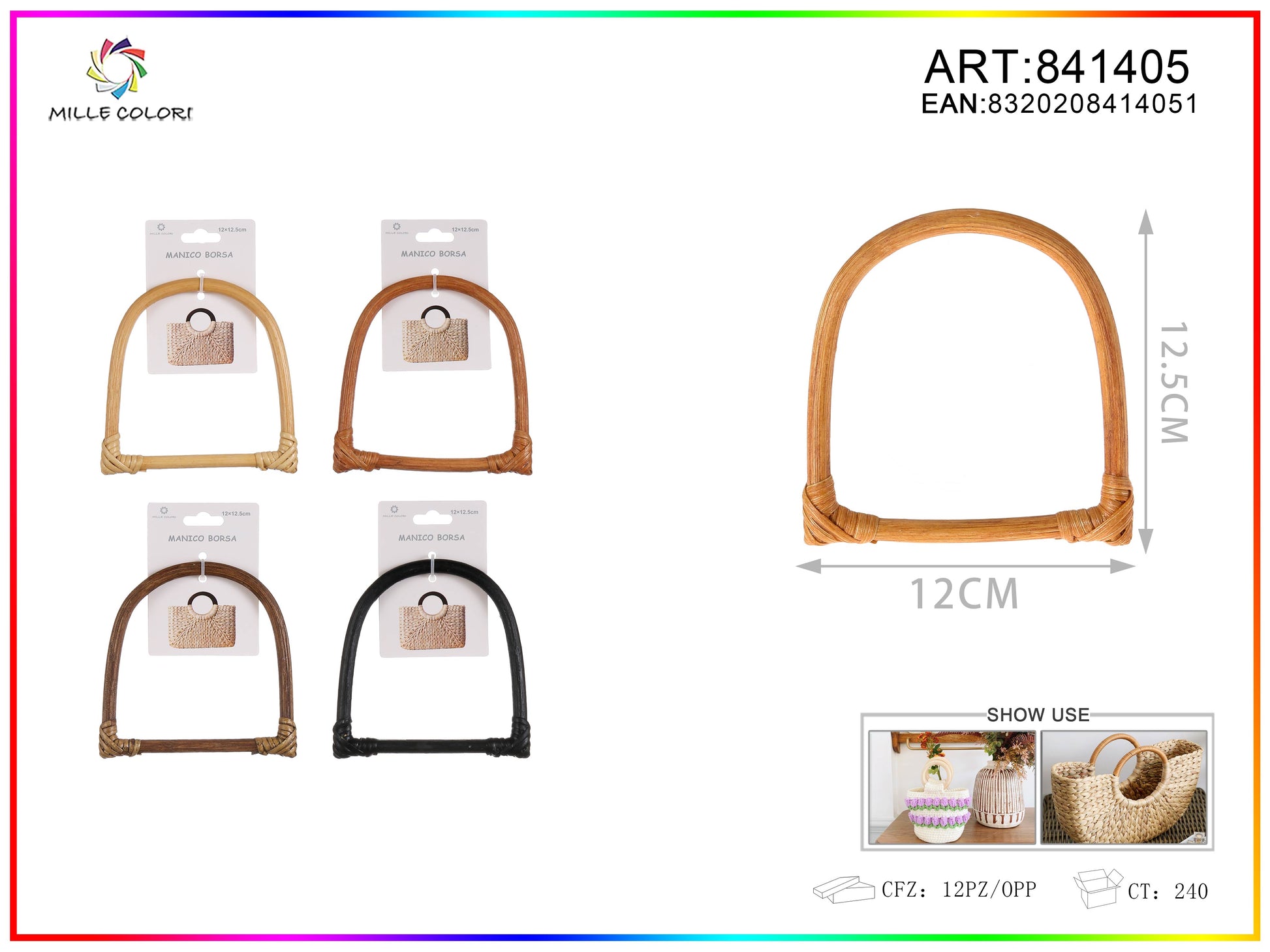 Manico per borsa semicircolare intrecciato con barra 12x12,5 cm Mille Colori per borse fai da te e handmade