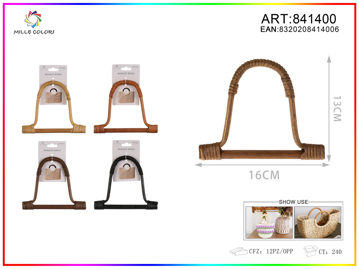 Manico per borsa semicircolare intrecciato con barra 16x13 cm Mille Colori per borse fai da te e handmade
