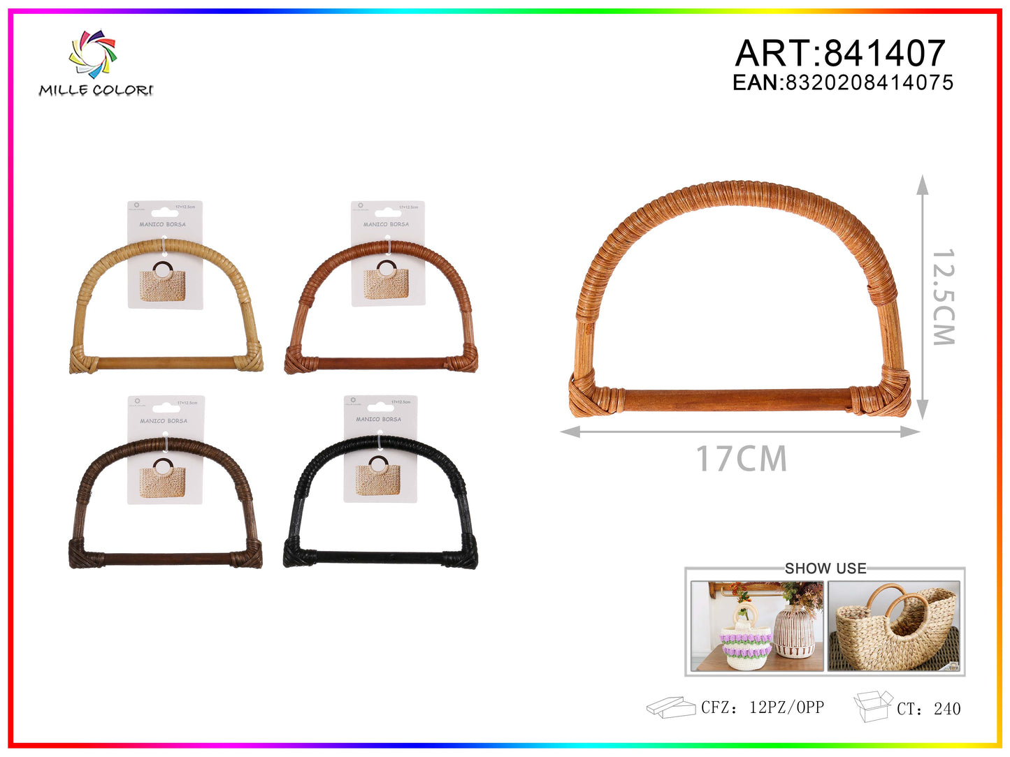 Manico per borsa semicircolare intrecciato con barra 17x12,5 cm Mille Colori per borse fai da te e handmade